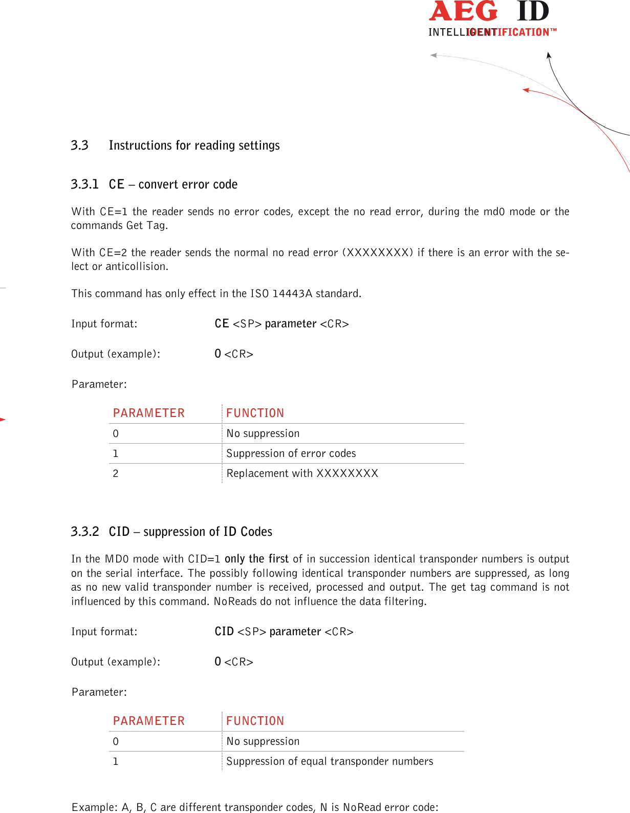                  --------------------------------------------------------------------------------16/45--------------------------------------------------------------------------------  3.3 Instructions for reading settings 3.3.1 CE – convert error code With CE=1 the reader sends no error  codes, except the  no read  error, during the  md0 mode or the commands Get Tag.  With CE=2 the reader sends the normal no read error (XXXXXXXX) if there is an error with the se-lect or anticollision. This command has only effect in the ISO 14443A standard. Input format:  CE &lt;SP&gt; parameter &lt;CR&gt; Output (example):  0 &lt;CR&gt; Parameter: PARAMETER  FUNCTION 0  No suppression 1  Suppression of error codes 2  Replacement with XXXXXXXX  3.3.2 CID – suppression of ID Codes In the MD0 mode with CID=1 only the first of in succession identical transponder numbers is output on the serial interface. The possibly following identical transponder numbers are suppressed, as long as no new valid transponder number is received, processed and output. The get tag command is not influenced by this command. NoReads do not influence the data filtering.  Input format:  CID &lt;SP&gt; parameter &lt;CR&gt; Output (example):  0 &lt;CR&gt; Parameter: PARAMETER  FUNCTION 0  No suppression 1  Suppression of equal transponder numbers  Example: A, B, C are different transponder codes, N is NoRead error code: 