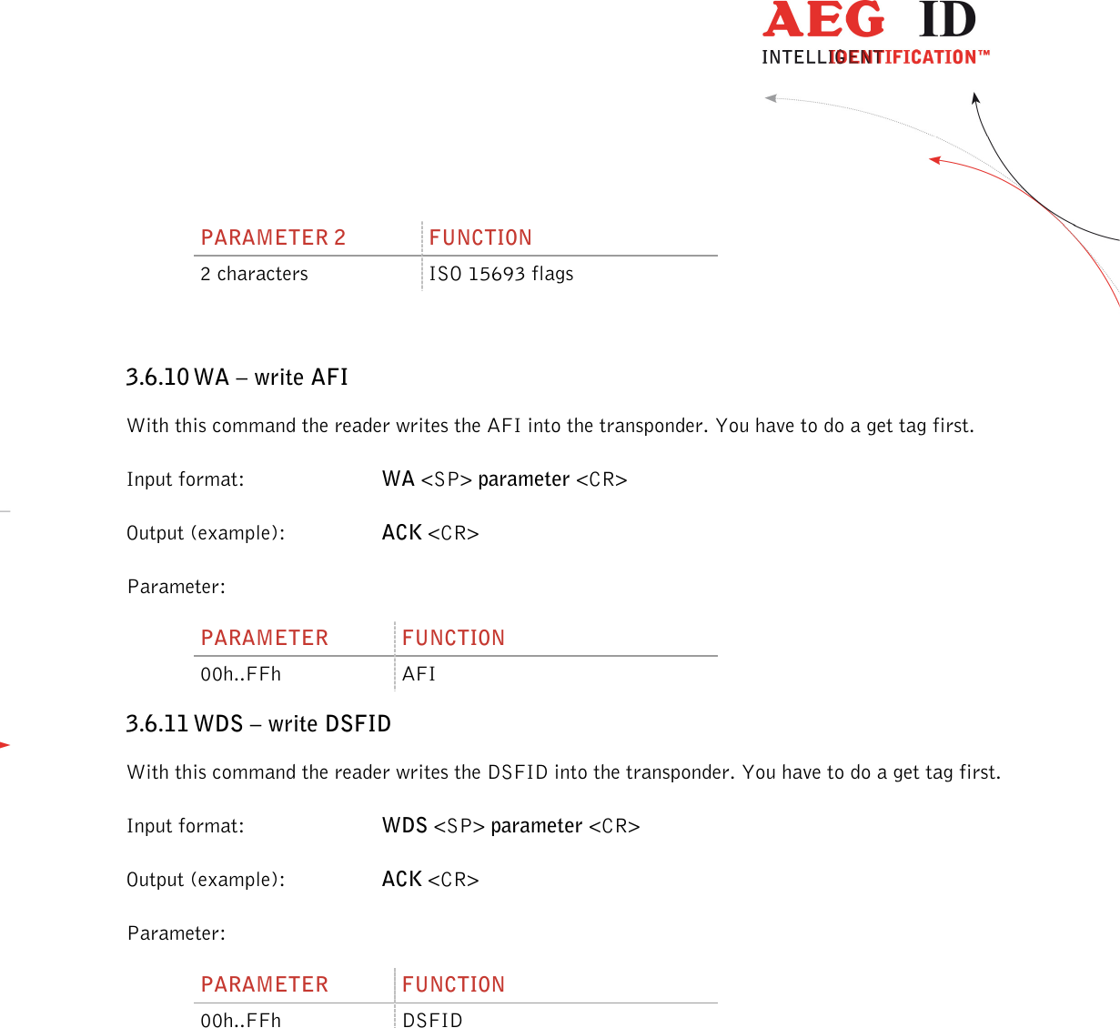                  --------------------------------------------------------------------------------37/45--------------------------------------------------------------------------------  PARAMETER 2  FUNCTION 2 characters  ISO 15693 flags  3.6.10 WA – write AFI With this command the reader writes the AFI into the transponder. You have to do a get tag first. Input format:  WA &lt;SP&gt; parameter &lt;CR&gt; Output (example):  ACK &lt;CR&gt; Parameter: PARAMETER  FUNCTION 00h..FFh  AFI 3.6.11 WDS – write DSFID With this command the reader writes the DSFID into the transponder. You have to do a get tag first. Input format:  WDS &lt;SP&gt; parameter &lt;CR&gt; Output (example):  ACK &lt;CR&gt; Parameter: PARAMETER  FUNCTION 00h..FFh  DSFID  