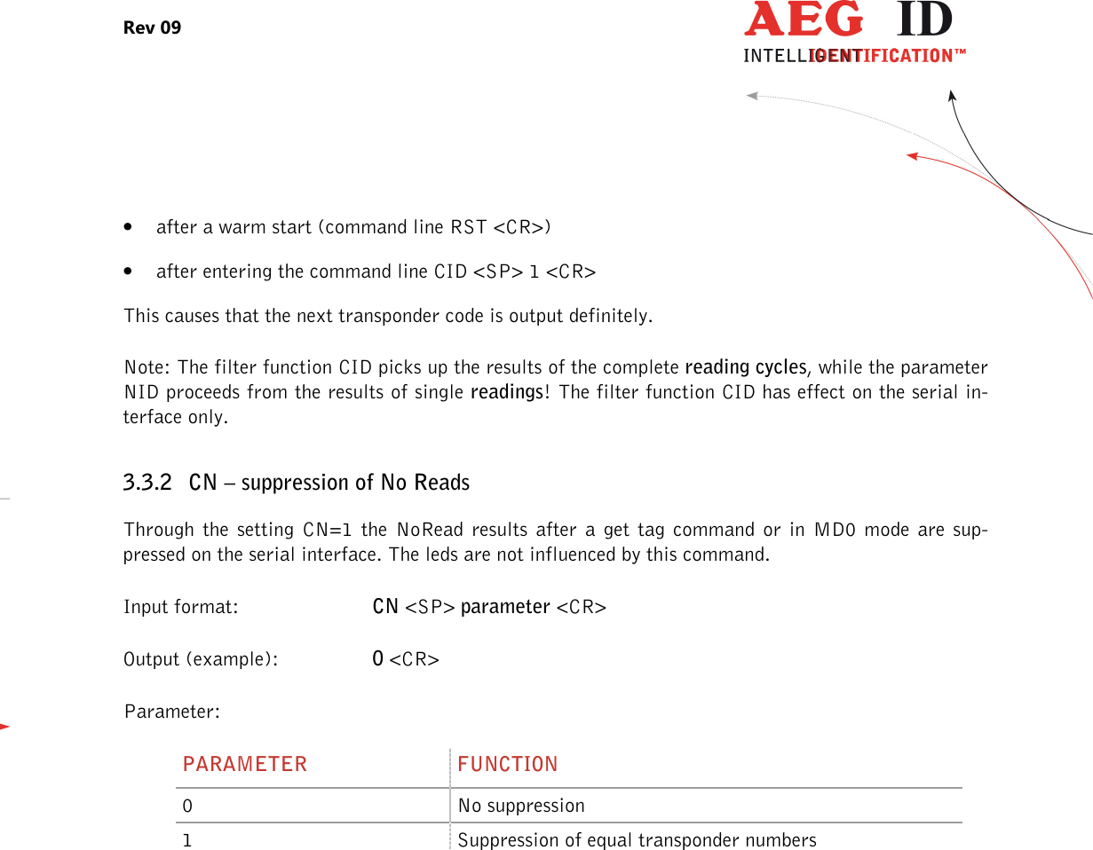 Rev 09                 --------------------------------------------------------------------------------15/27--------------------------------------------------------------------------------  • after a warm start (command line RST &lt;CR&gt;) • after entering the command line CID &lt;SP&gt; 1 &lt;CR&gt; This causes that the next transponder code is output definitely. Note: The filter function CID picks up the results of the complete reading cycles, while the parameter NID proceeds from the results of single readings! The filter function CID has effect on the serial in-terface only.  3.3.2 CN – suppression of No Reads Through  the  setting  CN=1  the  NoRead  results  after  a  get  tag  command  or  in  MD0  mode  are  sup-pressed on the serial interface. The leds are not influenced by this command. Input format:  CN &lt;SP&gt; parameter &lt;CR&gt; Output (example):  0 &lt;CR&gt; Parameter:    PARAMETER  FUNCTION 0  No suppression 1  Suppression of equal transponder numbers 