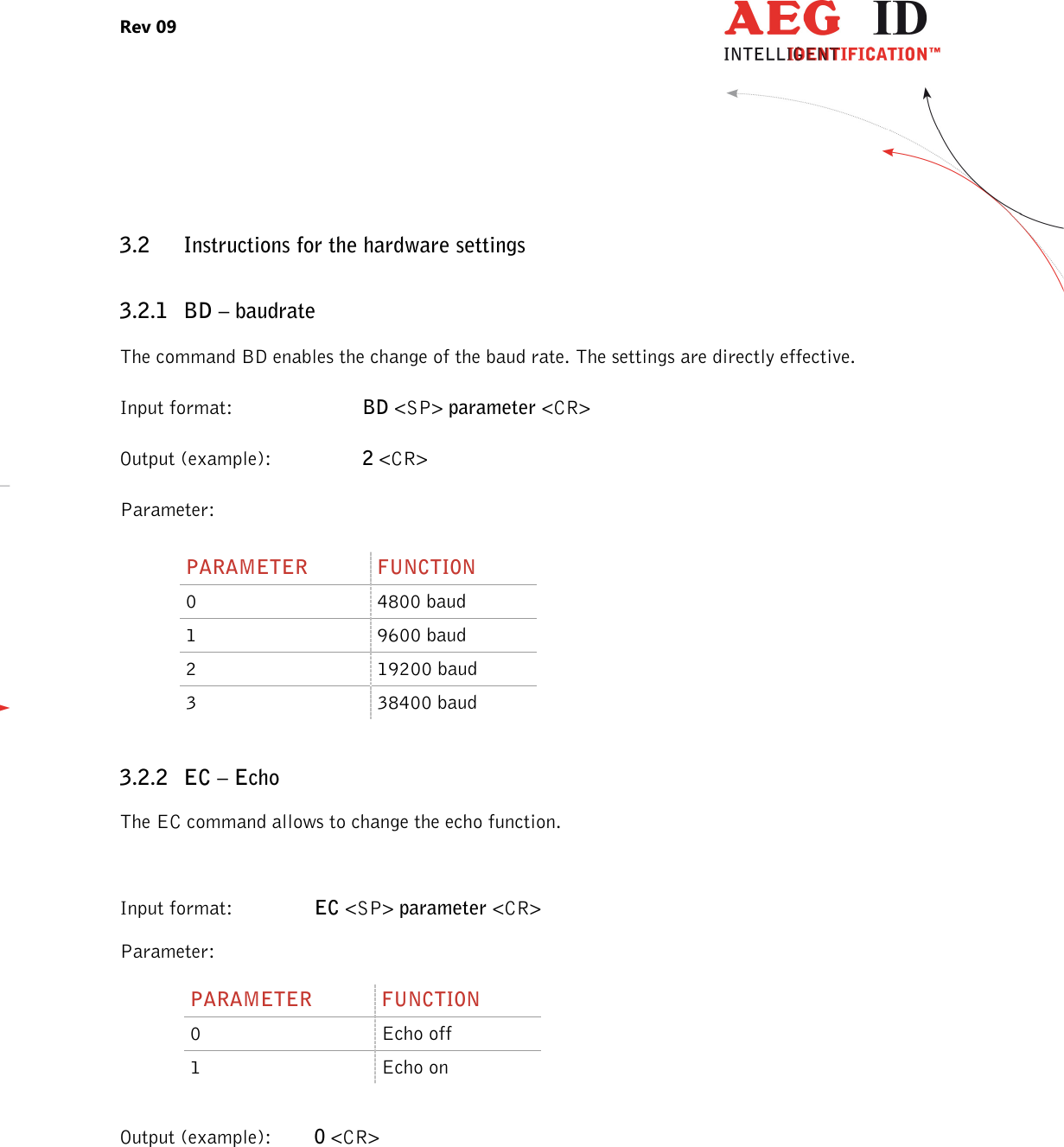 Rev 09                 --------------------------------------------------------------------------------9/27--------------------------------------------------------------------------------  3.2 Instructions for the hardware settings 3.2.1 BD – baudrate The command BD enables the change of the baud rate. The settings are directly effective. Input format:  BD &lt;SP&gt; parameter &lt;CR&gt; Output (example):  2 &lt;CR&gt; Parameter:     3.2.2 EC – Echo The EC command allows to change the echo function.  Input format:  EC &lt;SP&gt; parameter &lt;CR&gt; Parameter: PARAMETER  FUNCTION 0  Echo off 1  Echo on  Output (example):  0 &lt;CR&gt; PARAMETER  FUNCTION 0  4800 baud 1  9600 baud 2  19200 baud 3  38400 baud 