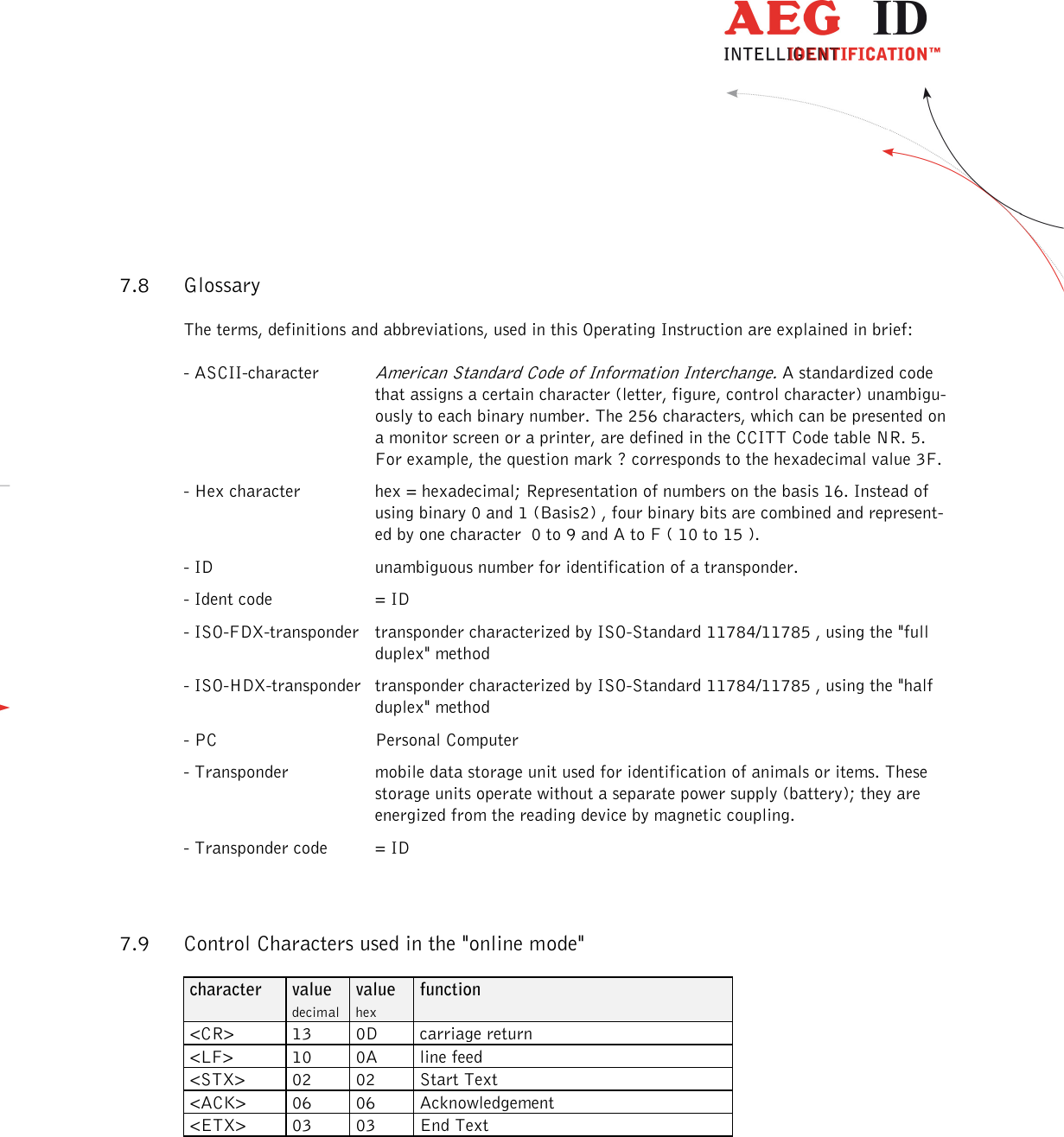                   --------------------------------------------------------------------------------30/31--------------------------------------------------------------------------------   7.8 Glossary The terms, definitions and abbreviations, used in this Operating Instruction are explained in brief: - ASCII-character  American Standard Code of Information Interchange. A standardized code that assigns a certain character (letter, figure, control character) unambigu-ously to each binary number. The 256 characters, which can be presented on a monitor screen or a printer, are defined in the CCITT Code table NR. 5. For example, the question mark ? corresponds to the hexadecimal value 3F. - Hex character  hex = hexadecimal; Representation of numbers on the basis 16. Instead of using binary 0 and 1 (Basis2) , four binary bits are combined and represent-ed by one character  0 to 9 and A to F ( 10 to 15 ).  - ID  unambiguous number for identification of a transponder.  - Ident code  = ID - ISO-FDX-transponder  transponder characterized by ISO-Standard 11784/11785 , using the &quot;full duplex&quot; method - ISO-HDX-transponder  transponder characterized by ISO-Standard 11784/11785 , using the &quot;half duplex&quot; method  - PC  Personal Computer - Transponder  mobile data storage unit used for identification of animals or items. These storage units operate without a separate power supply (battery); they are energized from the reading device by magnetic coupling. - Transponder code  = ID 7.9 Control Characters used in the &quot;online mode&quot; character  value decimal value hex function &lt;CR&gt; 13 0D carriage return &lt;LF&gt; 10 0A line feed &lt;STX&gt; 02 02 Start Text &lt;ACK&gt; 06 06 Acknowledgement &lt;ETX&gt; 03 03 End Text  