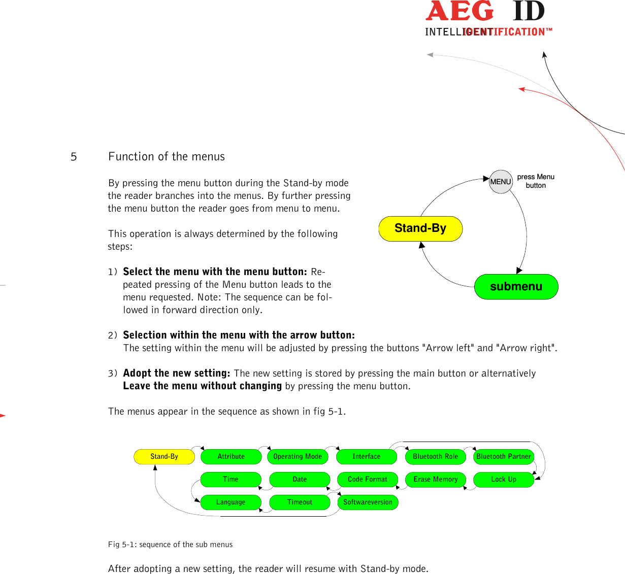                   --------------------------------------------------------------------------------11/31--------------------------------------------------------------------------------  5 Function of the menus By pressing the menu button during the Stand-by mode the reader branches into the menus. By further pressing the menu button the reader goes from menu to menu. This operation is always determined by the following steps: 1)  Select the menu with the menu button: Re-peated pressing of the Menu button leads to the menu requested. Note: The sequence can be fol-lowed in forward direction only.  2)  Selection within the menu with the arrow button: The setting within the menu will be adjusted by pressing the buttons &quot;Arrow left&quot; and &quot;Arrow right&quot;.  3)  Adopt the new setting: The new setting is stored by pressing the main button or alternatively Leave the menu without changing by pressing the menu button.   The menus appear in the sequence as shown in fig 5-1.              Stand-By Attribute Operating Mode Bluetooth Role Bluetooth PartnerLock UpErase MemoryCode FormatDateTimeLanguage TimeoutInterfaceSoftwareversion   Fig 5-1: sequence of the sub menus After adopting a new setting, the reader will resume with Stand-by mode. Stand-BysubmenuMENU press Menubutton 