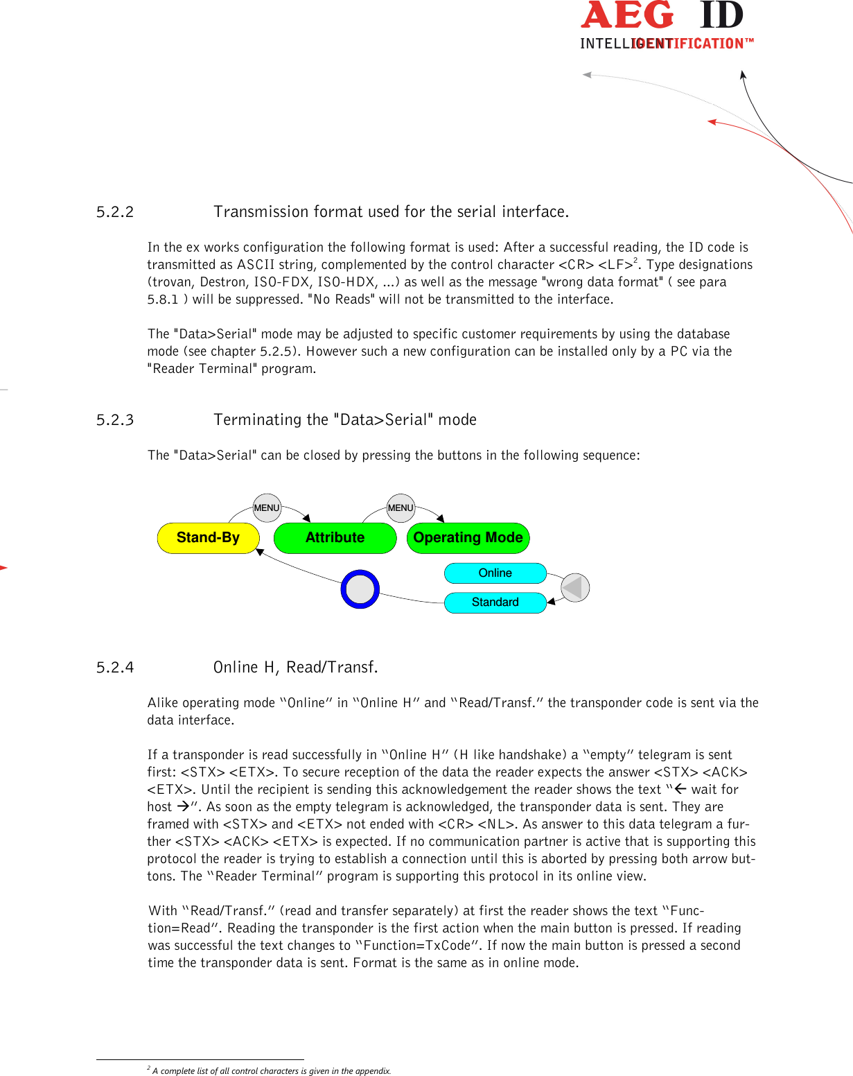                   --------------------------------------------------------------------------------14/31--------------------------------------------------------------------------------   5.2.2 Transmission format used for the serial interface. In the ex works configuration the following format is used: After a successful reading, the ID code is transmitted as ASCII string, complemented by the control character &lt;CR&gt; &lt;LF&gt;2. Type designations (trovan, Destron, ISO-FDX, ISO-HDX, ...) as well as the message &quot;wrong data format&quot; ( see para 5.8.1 ) will be suppressed. &quot;No Reads&quot; will not be transmitted to the interface. The &quot;Data&gt;Serial&quot; mode may be adjusted to specific customer requirements by using the database mode (see chapter 5.2.5). However such a new configuration can be installed only by a PC via the &quot;Reader Terminal&quot; program.  5.2.3 Terminating the &quot;Data&gt;Serial&quot; mode The &quot;Data&gt;Serial&quot; can be closed by pressing the buttons in the following sequence:               AttributeStand-By Operating ModeMENUMENUOnlineStandard  5.2.4 Online H, Read/Transf. Alike operating mode “Online” in “Online H” and “Read/Transf.” the transponder code is sent via the data interface.  If a transponder is read successfully in “Online H” (H like handshake) a “empty” telegram is sent first: &lt;STX&gt; &lt;ETX&gt;. To secure reception of the data the reader expects the answer &lt;STX&gt; &lt;ACK&gt; &lt;ETX&gt;. Until the recipient is sending this acknowledgement the reader shows the text “ wait for host ”. As soon as the empty telegram is acknowledged, the transponder data is sent. They are framed with &lt;STX&gt; and &lt;ETX&gt; not ended with &lt;CR&gt; &lt;NL&gt;. As answer to this data telegram a fur-ther &lt;STX&gt; &lt;ACK&gt; &lt;ETX&gt; is expected. If no communication partner is active that is supporting this protocol the reader is trying to establish a connection until this is aborted by pressing both arrow but-tons. The “Reader Terminal” program is supporting this protocol in its online view.  With “Read/Transf.” (read and transfer separately) at first the reader shows the text “Func-tion=Read”. Reading the transponder is the first action when the main button is pressed. If reading was successful the text changes to “Function=TxCode”. If now the main button is pressed a second time the transponder data is sent. Format is the same as in online mode.                                                         2 A complete list of all control characters is given in the appendix. 