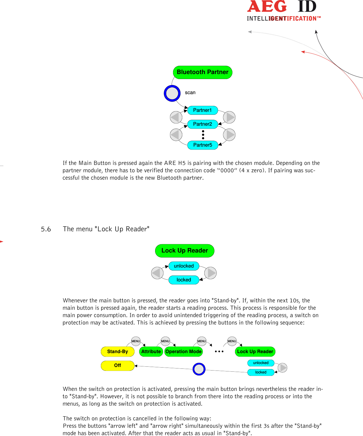                  --------------------------------------------------------------------------------17/31--------------------------------------------------------------------------------                                                            Bluetooth PartnerPartner1Partner2Partner5scan If the Main Button is pressed again the ARE H5 is pairing with the chosen module. Depending on the partner module, there has to be verified the connection code “0000” (4 x zero). If pairing was suc-cessful the chosen module is the new Bluetooth partner.  5.6 The menu &quot;Lock Up Reader&quot;                                                                                  Lock Up Readerunlockedlocked  Whenever the main button is pressed, the reader goes into &quot;Stand-by&quot;. If, within the next 10s, the main button is pressed again, the reader starts a reading process. This process is responsible for the main power consumption. In order to avoid unintended triggering of the reading process, a switch on protection may be activated. This is achieved by pressing the buttons in the following sequence:                                             AttributeStand-By Operation Mode Lock Up ReaderunlockedlockedMENU MENU MENU MENUOff  When the switch on protection is activated, pressing the main button brings nevertheless the reader in-to &quot;Stand-by&quot;. However, it is not possible to branch from there into the reading process or into the menus, as long as the switch on protection is activated. The switch on protection is cancelled in the following way: Press the buttons &quot;arrow left&quot; and &quot;arrow right&quot; simultaneously within the first 3s after the &quot;Stand-by&quot; mode has been activated. After that the reader acts as usual in &quot;Stand-by&quot;. 