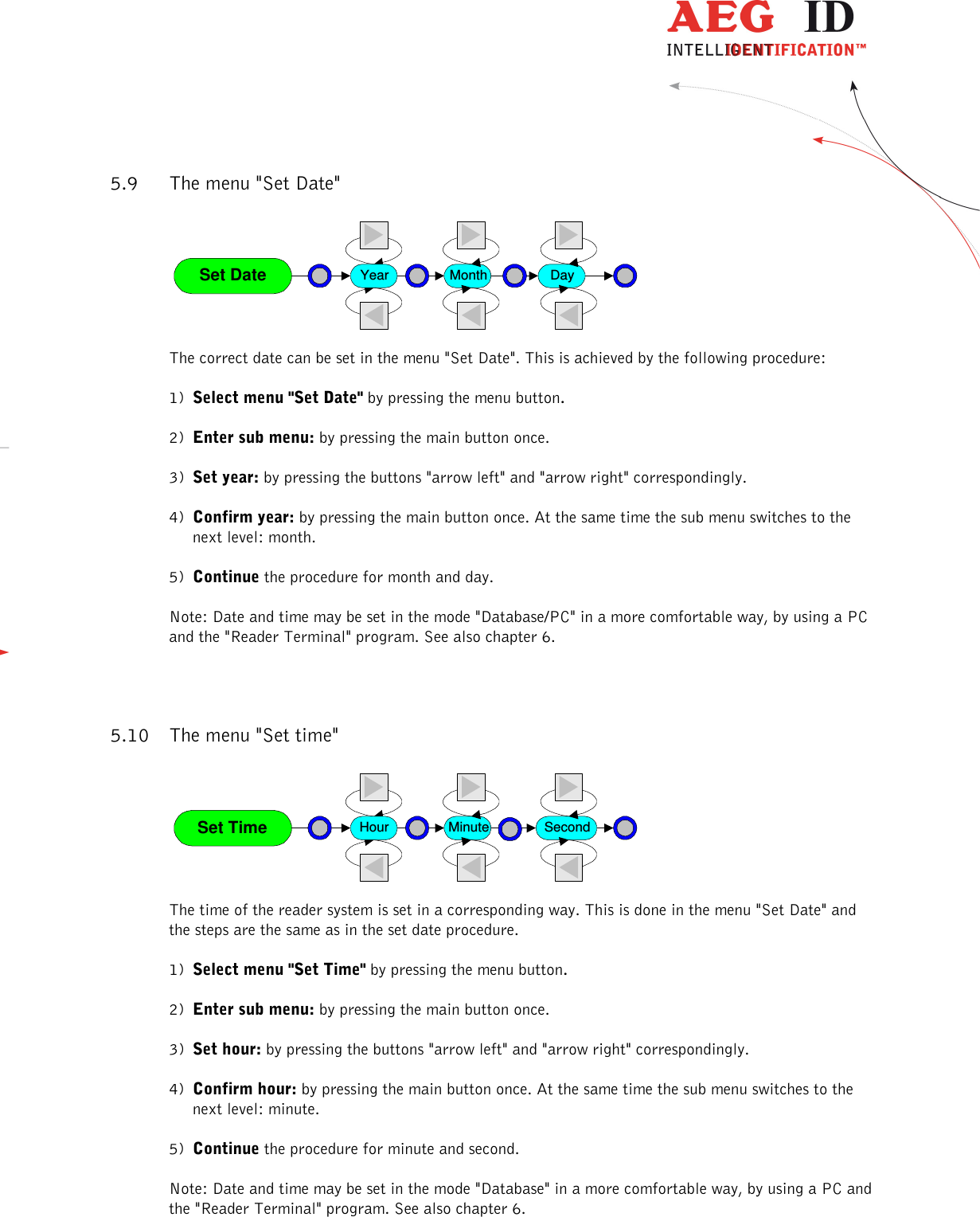                   --------------------------------------------------------------------------------19/31--------------------------------------------------------------------------------  5.9 The menu &quot;Set Date&quot;                  Set DateYear Month Day  The correct date can be set in the menu &quot;Set Date&quot;. This is achieved by the following procedure:  1)  Select menu &quot;Set Date&quot; by pressing the menu button.   2)  Enter sub menu: by pressing the main button once.   3)  Set year: by pressing the buttons &quot;arrow left&quot; and &quot;arrow right&quot; correspondingly.   4)  Confirm year: by pressing the main button once. At the same time the sub menu switches to the next level: month.   5)  Continue the procedure for month and day.   Note: Date and time may be set in the mode &quot;Database/PC&quot; in a more comfortable way, by using a PC and the &quot;Reader Terminal&quot; program. See also chapter 6. 5.10 The menu &quot;Set time&quot;                  Set TimeHour Minute Second  The time of the reader system is set in a corresponding way. This is done in the menu &quot;Set Date&quot; and the steps are the same as in the set date procedure. 1)  Select menu &quot;Set Time&quot; by pressing the menu button.   2)  Enter sub menu: by pressing the main button once.   3)  Set hour: by pressing the buttons &quot;arrow left&quot; and &quot;arrow right&quot; correspondingly.  4)  Confirm hour: by pressing the main button once. At the same time the sub menu switches to the next level: minute.   5)  Continue the procedure for minute and second.   Note: Date and time may be set in the mode &quot;Database&quot; in a more comfortable way, by using a PC and the &quot;Reader Terminal&quot; program. See also chapter 6. 