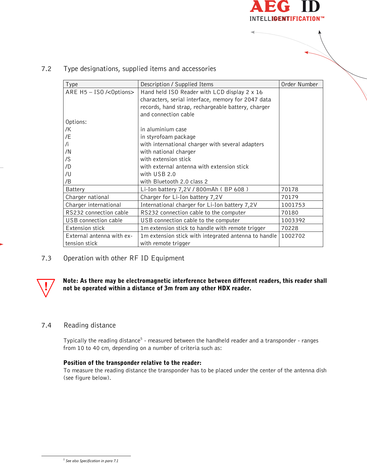                   --------------------------------------------------------------------------------23/31--------------------------------------------------------------------------------  !7.2 Type designations, supplied items and accessories Type Description / Supplied Items Order Number ARE H5 – ISO /&lt;Options&gt;    Options: /K /E /i /N /S /D /U /B Hand held ISO Reader with LCD display 2 x 16 characters, serial interface, memory for 2047 data records, hand strap, rechargeable battery, charger and connection cable  in aluminium case in styrofoam package with international charger with several adapters with national charger with extension stick with external antenna with extension stick with USB 2.0 with Bluetooth 2.0 class 2  Battery Li-Ion battery 7,2V / 800mAh ( BP 608 ) 70178 Charger national Charger for Li-Ion battery 7,2V 70179 Charger international International charger for Li-Ion battery 7,2V 1001753 RS232 connection cable RS232 connection cable to the computer 70180 USB connection cable USB connection cable to the computer 1003392 Extension stick 1m extension stick to handle with remote trigger  70228 External antenna with ex-tension stick 1m extension stick with integrated antenna to handle with remote trigger 1002702  7.3 Operation with other RF ID Equipment   Note: As there may be electromagnetic interference between different readers, this reader shall not be operated within a distance of 3m from any other HDX reader.  7.4 Reading distance Typically the reading distance5 - measured between the handheld reader and a transponder - ranges from 10 to 40 cm, depending on a number of criteria such as:  Position of the transponder relative to the reader: To measure the reading distance the transponder has to be placed under the center of the antenna dish (see figure below).                                                          5 See also Specification in para 7.1 