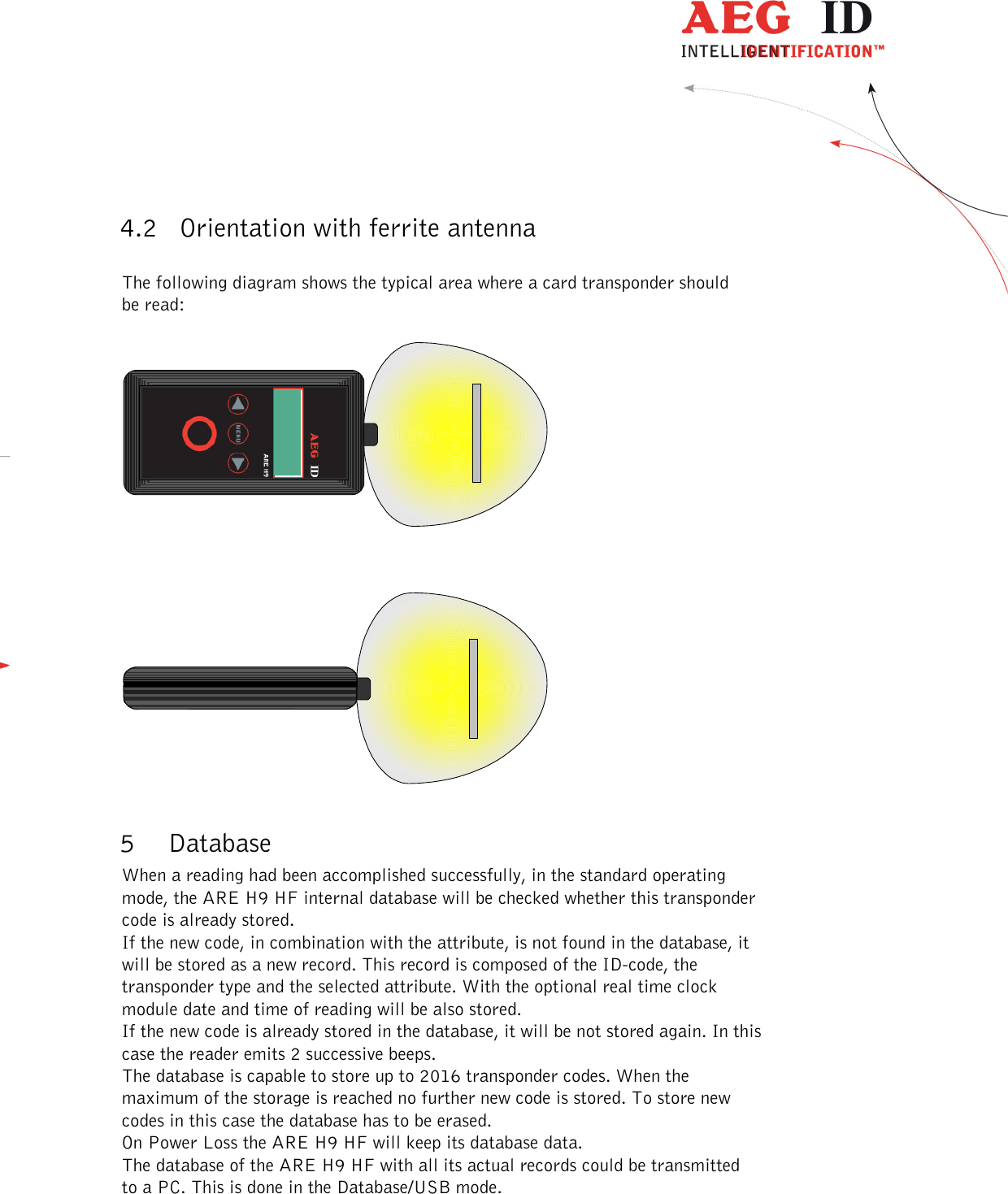  ---------------------------------------------------------------10/51---------------------------------------   4.2 Orientation with ferrite antenna  The following diagram shows the typical area where a card transponder should be read:     5 Database When a reading had been accomplished successfully, in the standard operating mode, the ARE H9 HF internal database will be checked whether this transponder code is already stored. If the new code, in combination with the attribute, is not found in the database, it will be stored as a new record. This record is composed of the ID-code, the transponder type and the selected attribute. With the optional real time clock module date and time of reading will be also stored. If the new code is already stored in the database, it will be not stored again. In this case the reader emits 2 successive beeps. The database is capable to store up to 2016 transponder codes. When the maximum of the storage is reached no further new code is stored. To store new codes in this case the database has to be erased. On Power Loss the ARE H9 HF will keep its database data. The database of the ARE H9 HF with all its actual records could be transmitted to a PC. This is done in the Database/USB mode. 