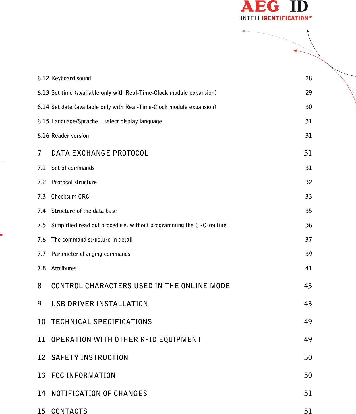  ---------------------------------------------------------------3/51---------------------------------------   6.12 Keyboard sound  28 6.13 Set time (available only with Real-Time-Clock module expansion)  29 6.14 Set date (available only with Real-Time-Clock module expansion)  30 6.15 Language/Sprache – select display language  31 6.16 Reader version  31 7 DATA EXCHANGE PROTOCOL  31 7.1 Set of commands  31 7.2 Protocol structure  32 7.3 Checksum CRC  33 7.4 Structure of the data base  35 7.5 Simplified read out procedure, without programming the CRC-routine  36 7.6 The command structure in detail  37 7.7 Parameter changing commands  39 7.8 Attributes  41 8 CONTROL CHARACTERS USED IN THE ONLINE MODE  43 9 USB DRIVER INSTALLATION  43 10 TECHNICAL SPECIFICATIONS  49 11 OPERATION WITH OTHER RFID EQUIPMENT  49 12 SAFETY INSTRUCTION  50 13 FCC INFORMATION  50 14 NOTIFICATION OF CHANGES  51 15 CONTACTS  51  