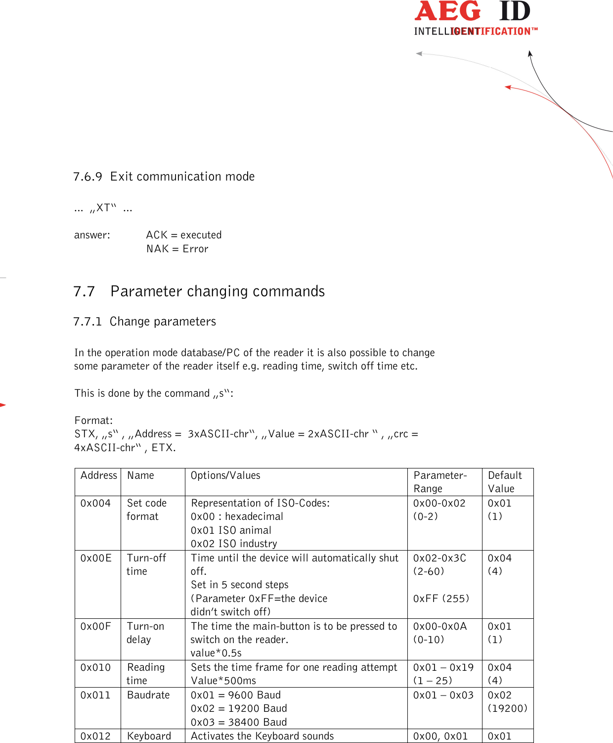  ---------------------------------------------------------------39/51---------------------------------------     7.6.9 Exit communication mode  ...  „XT“  ...  answer:  ACK = executed     NAK = Error  7.7 Parameter changing commands 7.7.1 Change parameters  In the operation mode database/PC of the reader it is also possible to change some parameter of the reader itself e.g. reading time, switch off time etc.  This is done by the command „s“:  Format: STX, „s“ , „Address =  3xASCII-chr“, „Value = 2xASCII-chr “ , „crc = 4xASCII-chr“ , ETX.  Address Name  Options/Values  Parameter- Range Default Value 0x004  Set code format Representation of ISO-Codes: 0x00 : hexadecimal 0x01 ISO animal 0x02 ISO industry 0x00-0x02 (0-2) 0x01 (1) 0x00E  Turn-off time Time until the device will automatically shut off. Set in 5 second steps (Parameter 0xFF=the device  didn’t switch off) 0x02-0x3C (2-60)  0xFF (255) 0x04 (4) 0x00F  Turn-on delay The time the main-button is to be pressed to switch on the reader.  value*0.5s 0x00-0x0A (0-10) 0x01 (1) 0x010  Reading time Sets the time frame for one reading attempt Value*500ms 0x01 – 0x19 (1 – 25) 0x04 (4) 0x011  Baudrate  0x01 = 9600 Baud 0x02 = 19200 Baud 0x03 = 38400 Baud 0x01 – 0x03  0x02 (19200) 0x012  Keyboard  Activates the Keyboard sounds  0x00, 0x01  0x01 