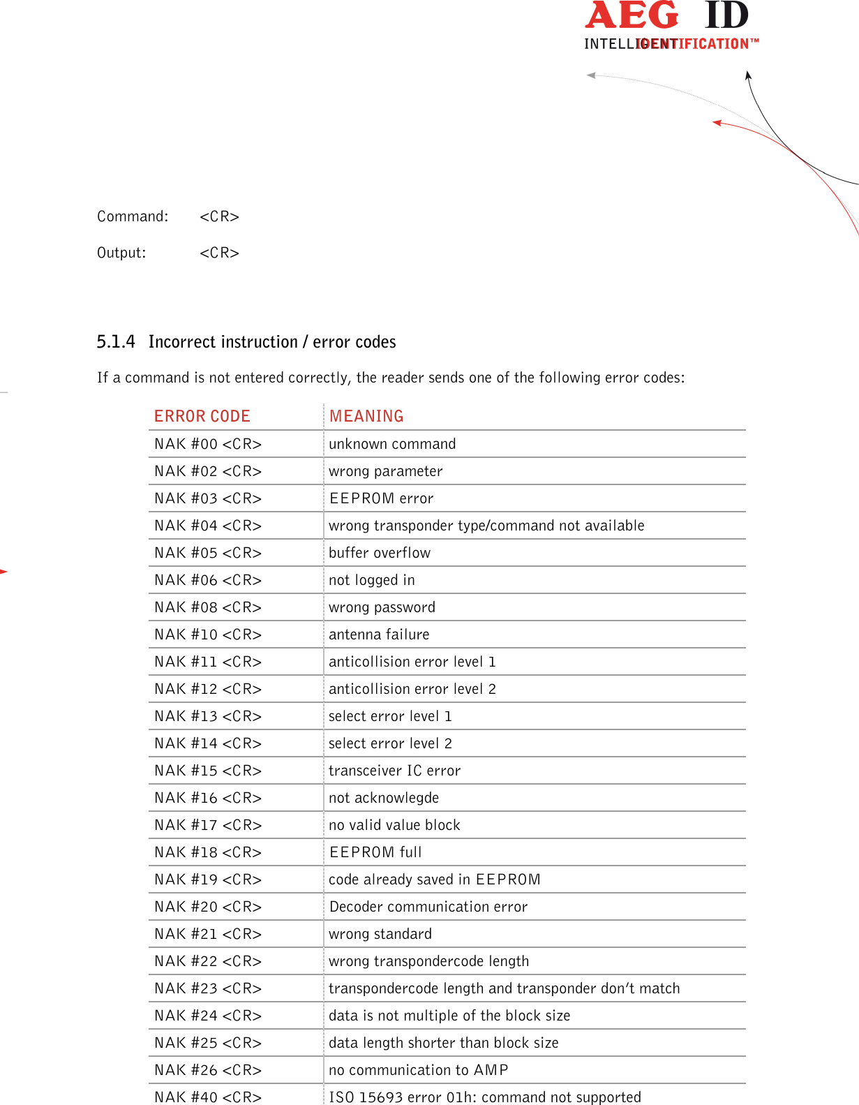                  --------------------------------------------------------------------------------15/48--------------------------------------------------------------------------------   Command:  &lt;CR&gt; Output:   &lt;CR&gt;  5.1.4 Incorrect instruction / error codes If a command is not entered correctly, the reader sends one of the following error codes: ERROR CODE  MEANING NAK #00 &lt;CR&gt;  unknown command NAK #02 &lt;CR&gt;  wrong parameter NAK #03 &lt;CR&gt;  EEPROM error NAK #04 &lt;CR&gt;  wrong transponder type/command not available NAK #05 &lt;CR&gt;  buffer overflow NAK #06 &lt;CR&gt;  not logged in NAK #08 &lt;CR&gt;  wrong password NAK #10 &lt;CR&gt;  antenna failure NAK #11 &lt;CR&gt;  anticollision error level 1 NAK #12 &lt;CR&gt;  anticollision error level 2 NAK #13 &lt;CR&gt;  select error level 1 NAK #14 &lt;CR&gt;  select error level 2 NAK #15 &lt;CR&gt;  transceiver IC error NAK #16 &lt;CR&gt;  not acknowlegde NAK #17 &lt;CR&gt;  no valid value block NAK #18 &lt;CR&gt;  EEPROM full NAK #19 &lt;CR&gt;  code already saved in EEPROM NAK #20 &lt;CR&gt;  Decoder communication error NAK #21 &lt;CR&gt;  wrong standard NAK #22 &lt;CR&gt;  wrong transpondercode length NAK #23 &lt;CR&gt;  transpondercode length and transponder don’t match NAK #24 &lt;CR&gt;  data is not multiple of the block size NAK #25 &lt;CR&gt;  data length shorter than block size NAK #26 &lt;CR&gt;  no communication to AMP NAK #40 &lt;CR&gt;  ISO 15693 error 01h: command not supported 