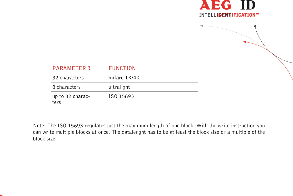                  --------------------------------------------------------------------------------30/48--------------------------------------------------------------------------------   PARAMETER 3  FUNCTION 32 characters  mifare 1K/4K 8 characters  ultralight up to 32 charac-ters ISO 15693  Note: The ISO 15693 regulates just the maximum length of one block. With the write instruction you can write multiple blocks at once. The datalenght has to be at least the block size or a multiple of the block size. 