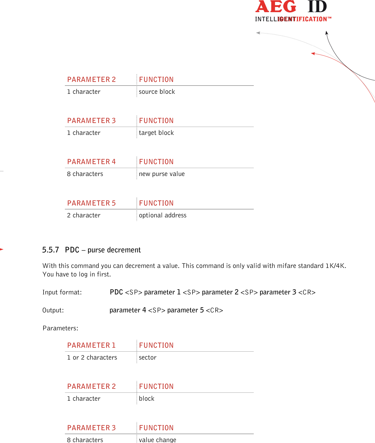                  --------------------------------------------------------------------------------33/48--------------------------------------------------------------------------------  PARAMETER 2  FUNCTION 1 character  source block  PARAMETER 3  FUNCTION 1 character  target block  PARAMETER 4  FUNCTION 8 characters  new purse value  PARAMETER 5  FUNCTION 2 character  optional address  5.5.7 PDC – purse decrement With this command you can decrement a value. This command is only valid with mifare standard 1K/4K. You have to log in first. Input format:    PDC &lt;SP&gt; parameter 1 &lt;SP&gt; parameter 2 &lt;SP&gt; parameter 3 &lt;CR&gt; Output:     parameter 4 &lt;SP&gt; parameter 5 &lt;CR&gt; Parameters: PARAMETER 1  FUNCTION 1 or 2 characters  sector  PARAMETER 2  FUNCTION 1 character  block  PARAMETER 3  FUNCTION 8 characters  value change  