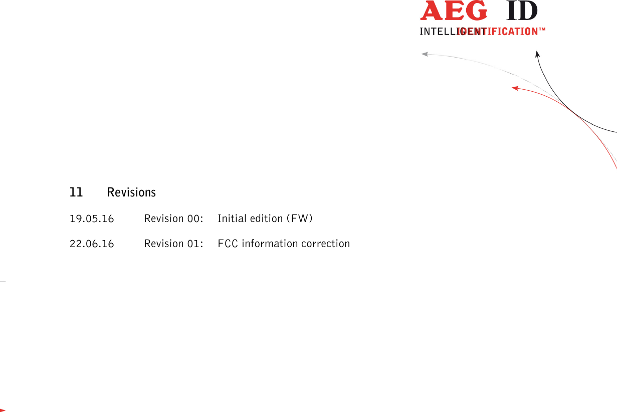                  --------------------------------------------------------------------------------48/48--------------------------------------------------------------------------------   11 Revisions 19.05.16  Revision 00:  Initial edition (FW) 22.06.16  Revision 01:  FCC information correction 