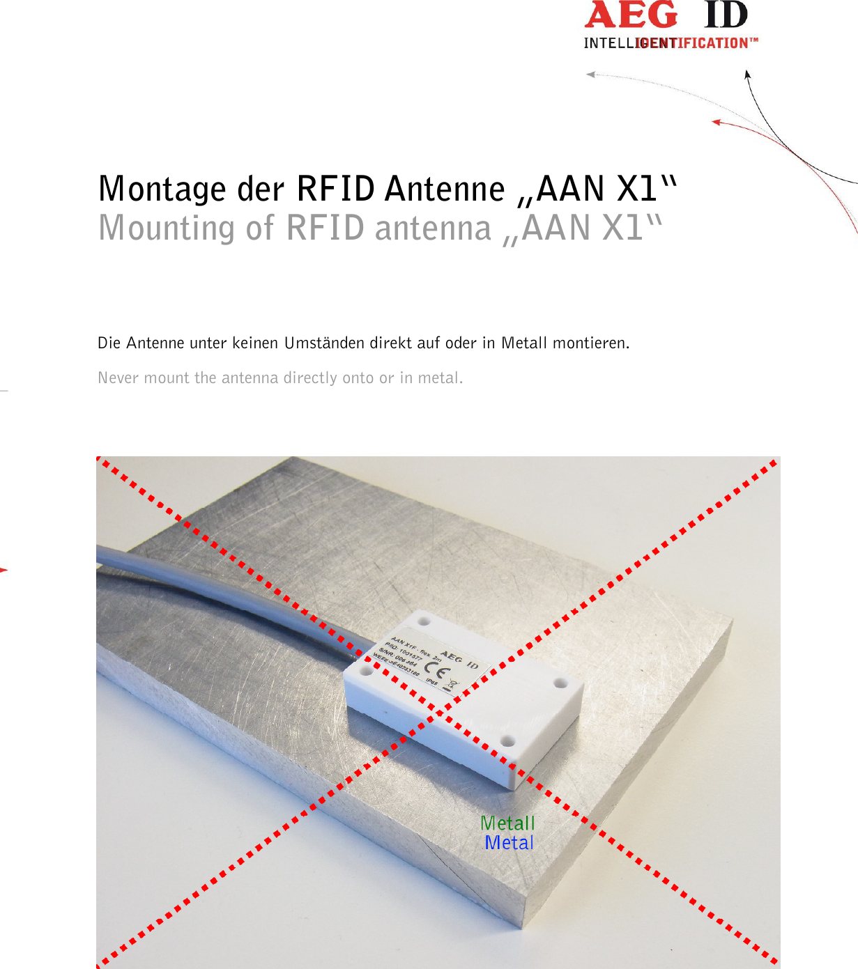                   --------------------------------------------------------------------------------2/11--------------------------------------------------------------------------------   Montage der RFID Antenne „AAN X1“ Mounting of RFID antenna „AAN X1“      Die Antenne unter keinen Umständen direkt auf oder in Metall montieren.  Never mount the antenna directly onto or in metal.         