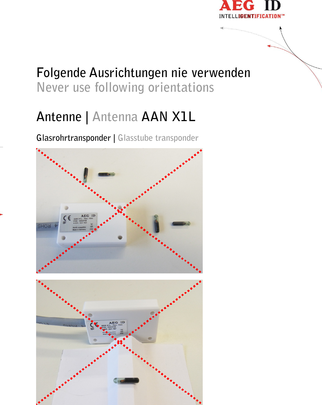                   --------------------------------------------------------------------------------4/11--------------------------------------------------------------------------------   Folgende Ausrichtungen nie verwenden Never use following orientations  Antenne | Antenna AAN X1L Glasrohrtransponder | Glasstube transponder   