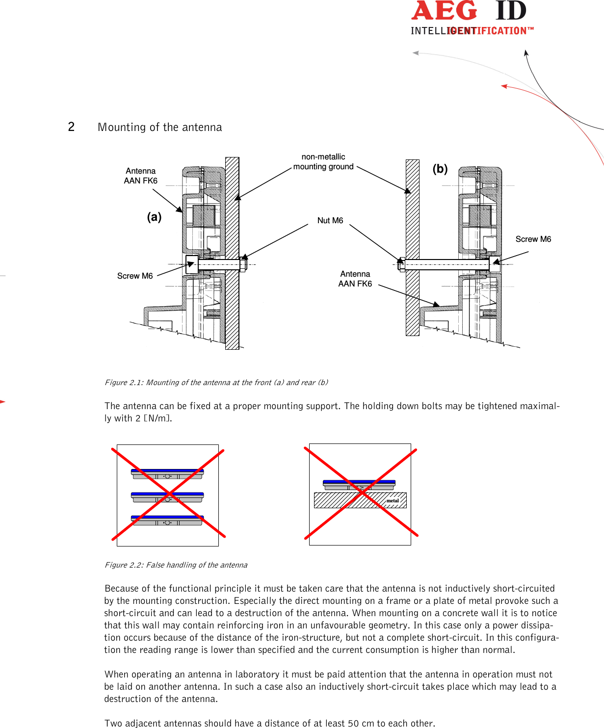                  --------------------------------------------------------------------------------3/8--------------------------------------------------------------------------------  2 Mounting of the antenna non-metallicmounting ground(a)(b)Nut M6Screw M6AntennaAAN FK6AntennaAAN FK6Screw M6 Figure 2.1: Mounting of the antenna at the front (a) and rear (b) The antenna can be fixed at a proper mounting support. The holding down bolts may be tightened maximal-ly with 2 [N/m].  metal Figure 2.2: False handling of the antenna Because of the functional principle it must be taken care that the antenna is not inductively short-circuited by the mounting construction. Especially the direct mounting on a frame or a plate of metal provoke such a short-circuit and can lead to a destruction of the antenna. When mounting on a concrete wall it is to notice that this wall may contain reinforcing iron in an unfavourable geometry. In this case only a power dissipa-tion occurs because of the distance of the iron-structure, but not a complete short-circuit. In this configura-tion the reading range is lower than specified and the current consumption is higher than normal. When operating an antenna in laboratory it must be paid attention that the antenna in operation must not be laid on another antenna. In such a case also an inductively short-circuit takes place which may lead to a destruction of the antenna. Two adjacent antennas should have a distance of at least 50 cm to each other.  