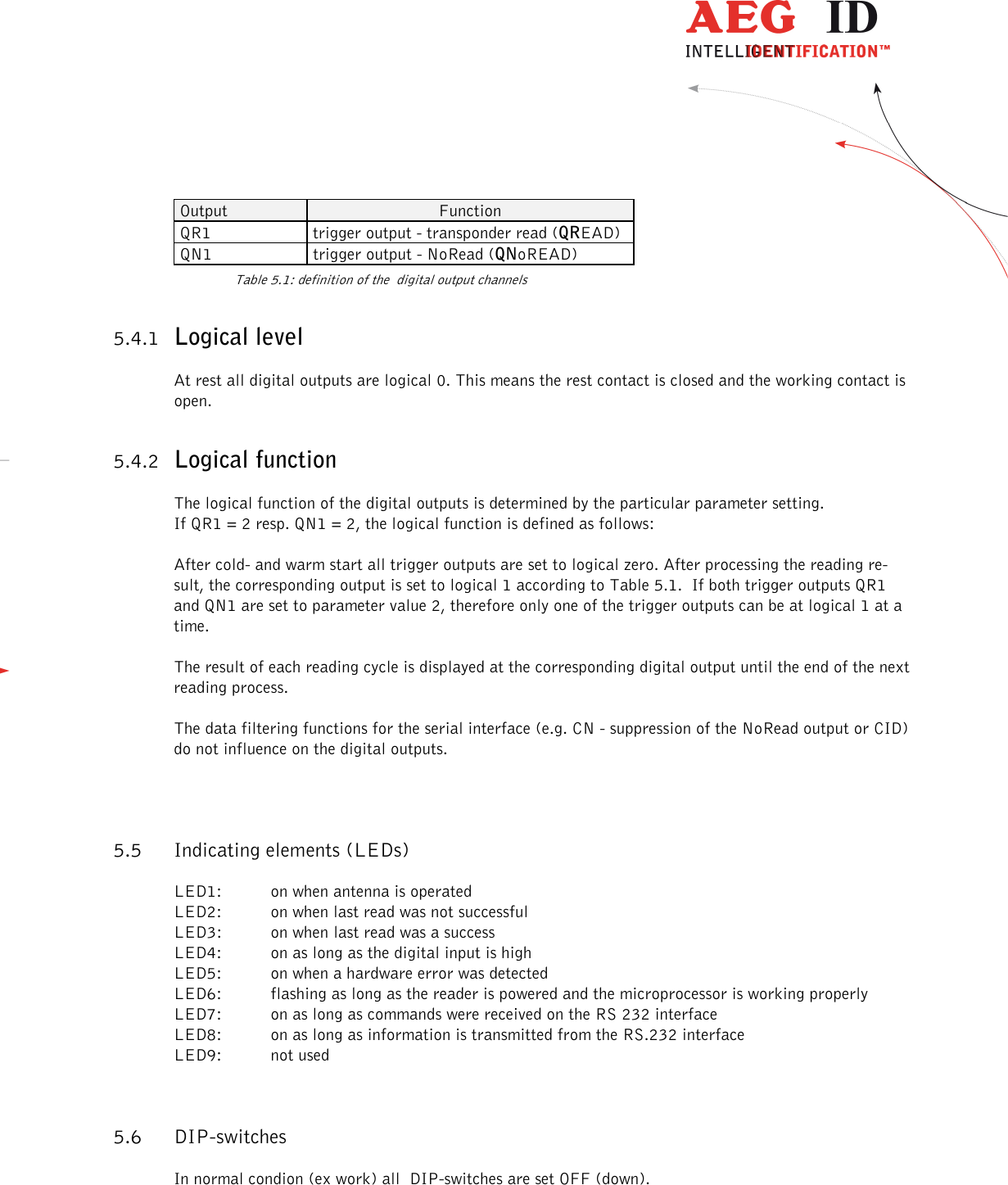                  --------------------------------------------------------------------------------22/26--------------------------------------------------------------------------------  Output  Function QR1  trigger output - transponder read (QREAD) QN1  trigger output - NoRead (QNoREAD)   Table 5.1: definition of the  digital output channels 5.4.1 Logical level At rest all digital outputs are logical 0. This means the rest contact is closed and the working contact is open. 5.4.2 Logical function The logical function of the digital outputs is determined by the particular parameter setting. If QR1 = 2 resp. QN1 = 2, the logical function is defined as follows: After cold- and warm start all trigger outputs are set to logical zero. After processing the reading re-sult, the corresponding output is set to logical 1 according to Table 5.1.  If both trigger outputs QR1 and QN1 are set to parameter value 2, therefore only one of the trigger outputs can be at logical 1 at a time. The result of each reading cycle is displayed at the corresponding digital output until the end of the next reading process. The data filtering functions for the serial interface (e.g. CN - suppression of the NoRead output or CID) do not influence on the digital outputs.  5.5 Indicating elements (LEDs) LED1:  on when antenna is operated LED2:  on when last read was not successful LED3:  on when last read was a success LED4:  on as long as the digital input is high LED5:  on when a hardware error was detected LED6:  flashing as long as the reader is powered and the microprocessor is working properly LED7:  on as long as commands were received on the RS 232 interface LED8:  on as long as information is transmitted from the RS.232 interface LED9:  not used 5.6 DIP-switches In normal condion (ex work) all  DIP-switches are set OFF (down). 