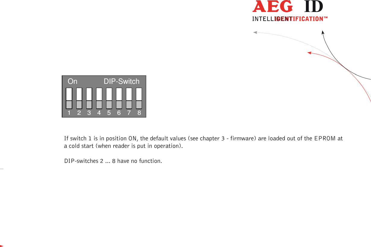                  --------------------------------------------------------------------------------23/26--------------------------------------------------------------------------------  On1 2 3 4 5 6 7 8DIP-Switch  If switch 1 is in position ON, the default values (see chapter 3 - firmware) are loaded out of the EPROM at a cold start (when reader is put in operation). DIP-switches 2 ... 8 have no function. 