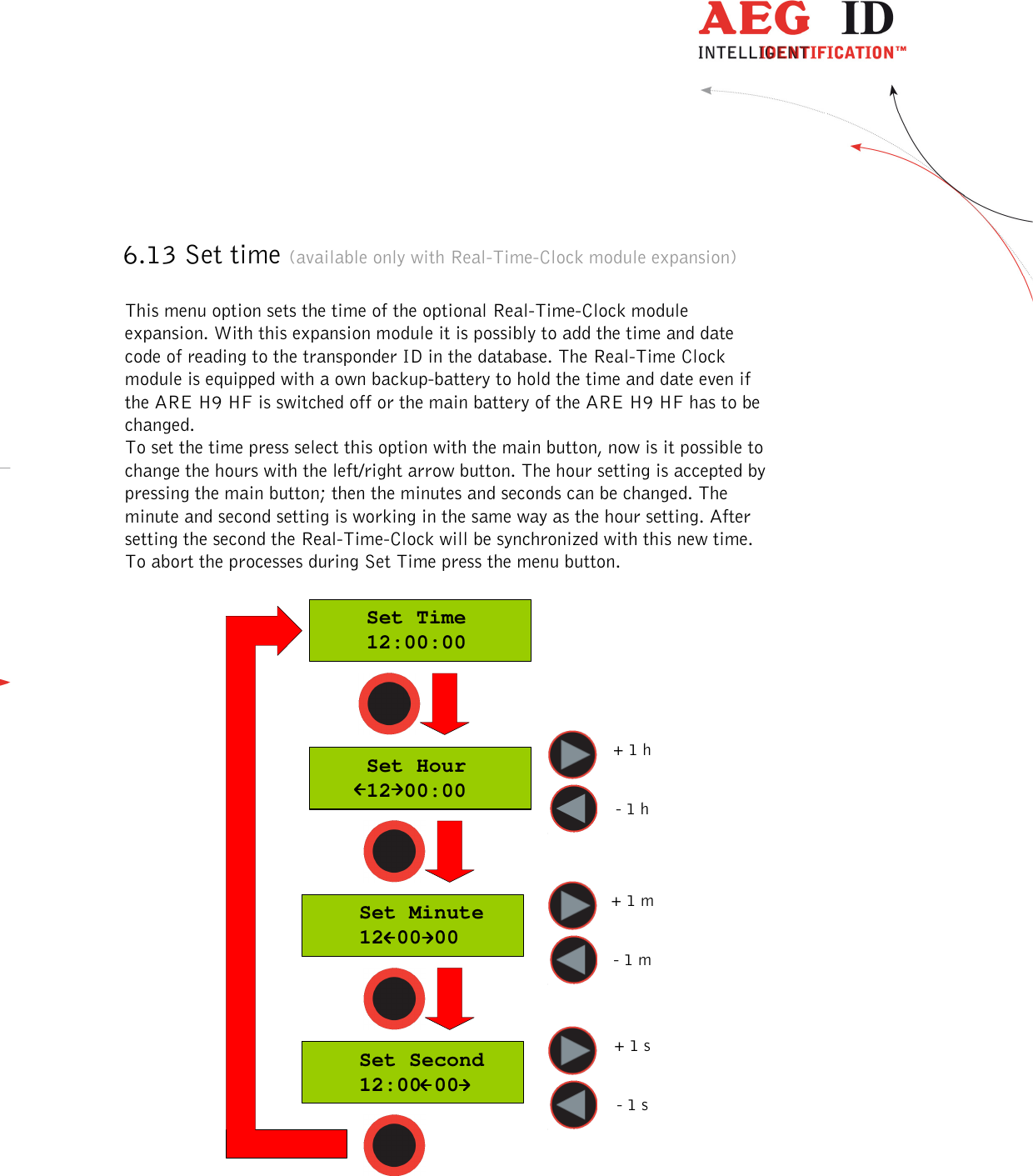  ---------------------------------------------------------------29/51---------------------------------------   6.13 Set time (available only with Real-Time-Clock module expansion)  This menu option sets the time of the optional Real-Time-Clock module expansion. With this expansion module it is possibly to add the time and date code of reading to the transponder ID in the database. The Real-Time Clock module is equipped with a own backup-battery to hold the time and date even if the ARE H9 HF is switched off or the main battery of the ARE H9 HF has to be changed. To set the time press select this option with the main button, now is it possible to change the hours with the left/right arrow button. The hour setting is accepted by pressing the main button; then the minutes and seconds can be changed. The minute and second setting is working in the same way as the hour setting. After setting the second the Real-Time-Clock will be synchronized with this new time. To abort the processes during Set Time press the menu button.      Set Time    12:00:00    Set Hour    12 00:00    Set Minute    12 00 00    Set Second    12:00 00+ 1 h- 1 h+ 1 m- 1 m+ 1 s- 1 s  