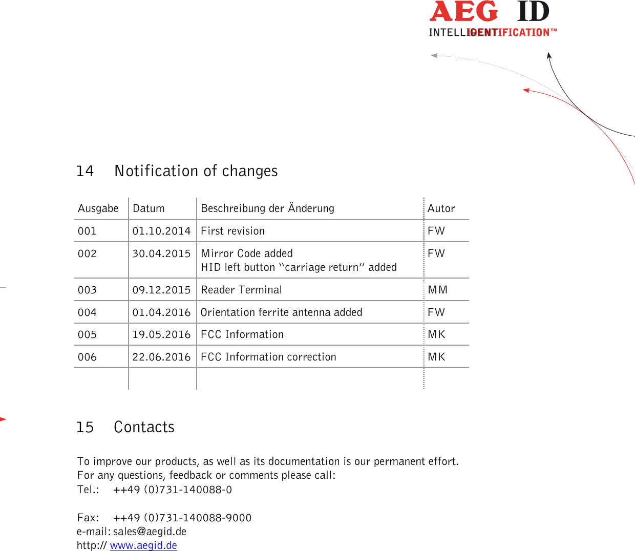  ---------------------------------------------------------------51/51---------------------------------------    14 Notification of changes  Ausgabe  Datum  Beschreibung der Änderung  Autor 001  01.10.2014 First revision  FW 002  30.04.2015 Mirror Code added HID left button “carriage return” added FW 003  09.12.2015 Reader Terminal  MM 004  01.04.2016 Orientation ferrite antenna added  FW 005  19.05.2016 FCC Information  MK 006  22.06.2016 FCC Information correction  MK         15 Contacts  To improve our products, as well as its documentation is our permanent effort. For any questions, feedback or comments please call: Tel.:   ++49 (0)731-140088-0  Fax:  ++49 (0)731-140088-9000 e-mail: sales@aegid.de http:// www.aegid.de 