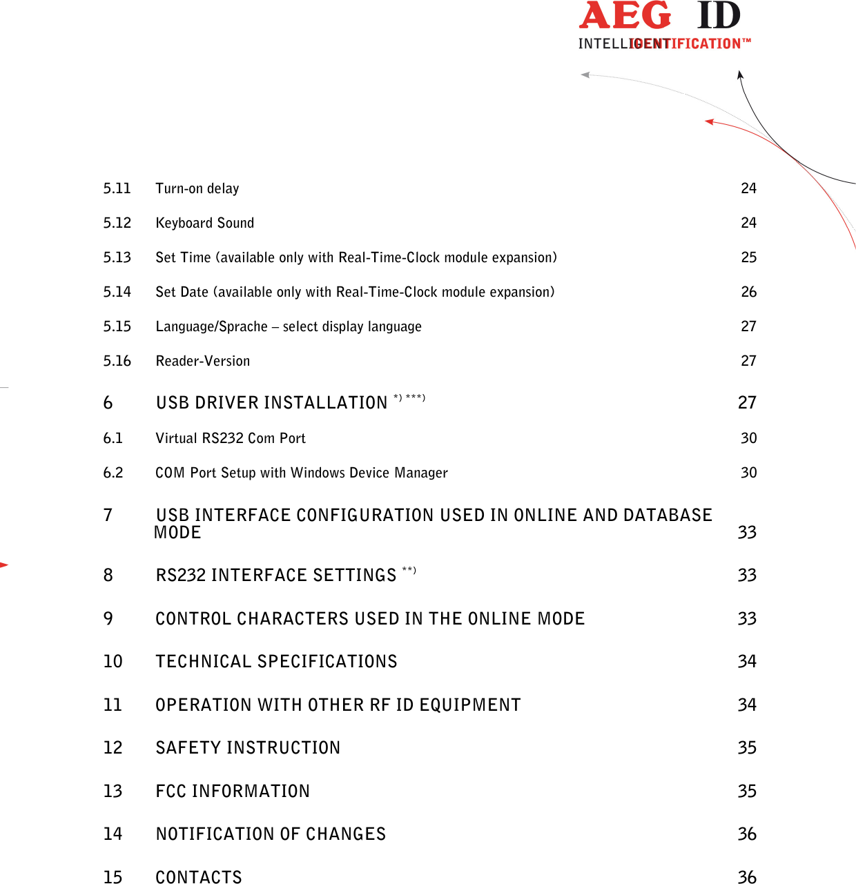  ---------------------------------------------------------------3/36-------------------------------------------------------------    5.11 Turn-on delay  24 5.12 Keyboard Sound  24 5.13 Set Time (available only with Real-Time-Clock module expansion)  25 5.14 Set Date (available only with Real-Time-Clock module expansion)  26 5.15 Language/Sprache – select display language  27 5.16 Reader-Version  27 6    USB DRIVER INSTALLATION *) ***)  27 6.1    Virtual RS232 Com Port  30 6.2    COM Port Setup with Windows Device Manager  30 7   USB INTERFACE CONFIGURATION USED IN ONLINE AND DATABASE MODE  33 8    RS232 INTERFACE SETTINGS **)  33 9    CONTROL CHARACTERS USED IN THE ONLINE MODE  33 10    TECHNICAL SPECIFICATIONS  34 11    OPERATION WITH OTHER RF ID EQUIPMENT  34 12    SAFETY INSTRUCTION  35 13    FCC INFORMATION  35 14    NOTIFICATION OF CHANGES  36 15    CONTACTS  36  