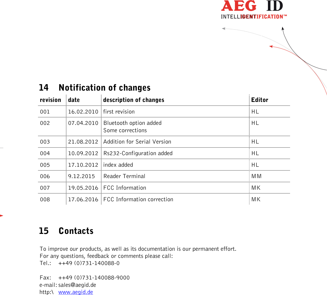  ---------------------------------------------------------------36/36-------------------------------------------------------------     14 Notification of changes revision date description of changes Editor 001  16.02.2010 first revision  HL 002  07.04.2010 Bluetooth option added Some corrections HL 003  21.08.2012 Addition for Serial Version  HL 004  10.09.2012 Rs232-Configuration added  HL 005  17.10.2012 index added  HL 006  9.12.2015  Reader Terminal  MM 007  19.05.2016 FCC Information  MK 008  17.06.2016 FCC Information correction  MK   15 Contacts  To improve our products, as well as its documentation is our permanent effort. For any questions, feedback or comments please call: Tel.:   ++49 (0)731-140088-0  Fax:  ++49 (0)731-140088-9000 e-mail: sales@aegid.de http:\  www.aegid.de  
