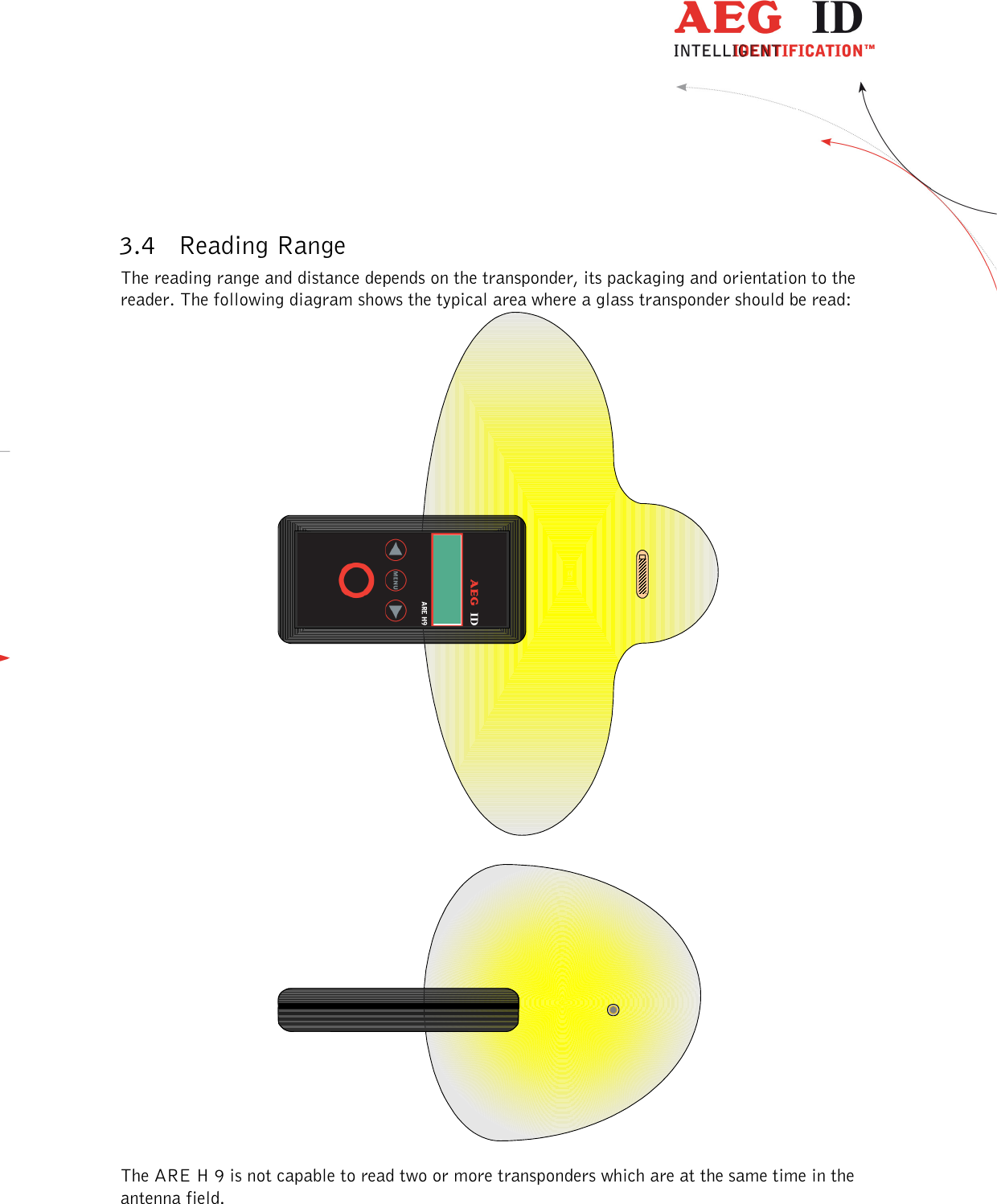  ---------------------------------------------------------------8/36-------------------------------------------------------------    3.4 Reading Range The reading range and distance depends on the transponder, its packaging and orientation to the reader. The following diagram shows the typical area where a glass transponder should be read:   The ARE H 9 is not capable to read two or more transponders which are at the same time in the antenna field. 