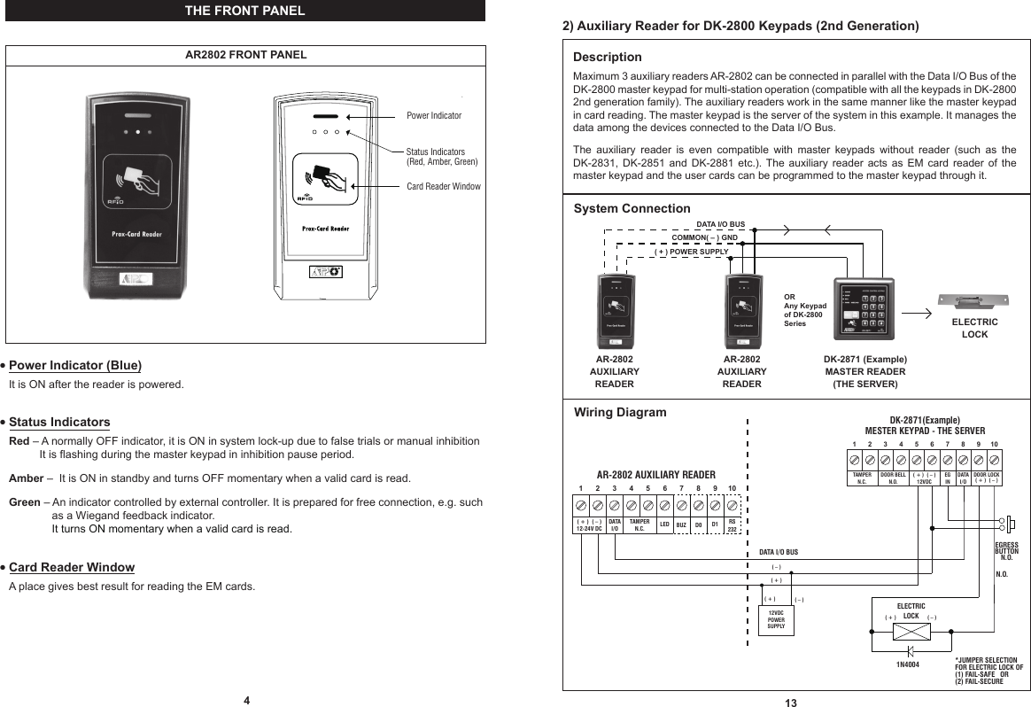 2) Auxiliary Reader for DK-2800 Keypads (2nd Generation)134DescriptionMaximum 3 auxiliary readers AR-2802 can be connected in parallel with the Data I/O Bus of the DK-2800 master keypad for multi-station operation (compatible with all the keypads in DK-2800 2nd generation family). The auxiliary readers work in the same manner like the master keypad in card reading. The master keypad is the server of the system in this example. It manages the data among the devices connected to the Data I/O Bus.The  auxiliary  reader  is  even  compatible  with  master  keypads  without  reader  (such  as  the DK-2831,  DK-2851  and  DK-2881  etc.).  The  auxiliary  reader  acts  as  EM  card  reader  of  the master keypad and the user cards can be programmed to the master keypad through it.ELECTRICLOCKDK-2871 (Example)MASTER READER(THE SERVER)AR-2802AUXILIARYREADERAR-2802AUXILIARYREADERDATA I/O BUS( + ) POWER SUPPLYCOMMON( – ) GNDWiring DiagramSystem ConnectionAR-2802 AUXILIARY READER10987654321RS232BUZLED D1D0DATAI/OTAMPERN.C.( + )  ( – )12-24V DCDK-2871(Example) MESTER KEYPAD - THE SERVER10987654321TAMPERN.C.DOOR BELLN.O.( + )  ( – )12VDCDOOR LOCK( + )  ( – )DATAI/OEGINDATA I/O BUS( + )  ( – )EGRESS BUTTON N.O. ELECTRICLOCK( + )   ( – )1N4004 N.O.  ORAny Keypadof DK-2800 Series*JUMPER SELECTIONFOR ELECTRIC LOCK OF(1) FAIL-SAFE   OR(2) FAIL-SECURETHE FRONT PANELPower Indicator (Blue)It is ON after the reader is powered.Status IndicatorsRed – A normally OFF indicator, it is ON in system lock-up due to false trials or manual inhibitionIt is flashing during the master keypad in inhibition pause period.Amber –  It is ON in standby and turns OFF momentary when a valid card is read.Green – An indicator controlled by external controller. It is prepared for free connection, e.g. such as a Wiegand feedback indicator.It turns ON momentary when a valid card is read.Card Reader WindowA place gives best result for reading the EM cards.●●●AR2802 FRONT PANEL12VDCPOWERSUPPLY( + )   ( – )Power IndicatorStatus Indicators(Red, Amber, Green)Card Reader Window