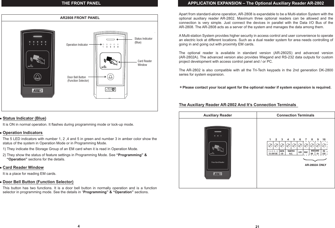 4THE FRONT PANELStatus Indicator (Blue)It is ON in normal operation. It flashes during programming mode or lock-up mode.Operation IndicatorsThe 5 LED indicators with number 1, 2 ,4 and 5 in green and number 3 in amber color show the status of the system in Operation Mode or in Programming Mode.1) They indicate the Storage Group of an EM card when it is read in Operation Mode.2) They show the status of feature settings in Programming Mode. See “Programming” &amp;     “Operation” sections for the details.Card Reader WindowIt is a place for reading EM cards.Door Bell Button (Function Selector)This  button  has  two  functions.  It  is  a  door  bell  button  in  normally  operation  and  is  a  function selector in programming mode. See the details in “Programming” &amp; “Operation” sections.●●●●AR2808 FRONT PANELStatus Indicator(Blue)Card Reader WindowOperation IndicatorDoor Bell Button(Function Selector)21APPLICATION EXPANSION – The Optional Auxiliary Reader AR-2802Apart from standard-alone operation, AR-2808 is expandable to be a Multi-station System with the optional  auxiliary  reader AR-2802.  Maximum  three  optional  readers  can  be  allowed  and  the connection  is  very  simple.  Just  connect  the  devices  in  parallel  with  the  Data  I/O  Bus  of  the AR-2808. The AR-2808 acts as a server of the system and manages the data among them.A Multi-station System provides higher security in access control and user convenience to operate an electric lock at different locations. Such as a dual reader system for area needs controlling of going in and going out with proximity EM cards.The  optional  reader  is  available  in  standard  version  (AR-2802S)  and  advanced  version (AR-2802A). The advanced version also provides Wiegand and RS-232 data outputs for custom project development with access control panel and / or PC.The AR-2802  is  also  compatible  with  all  the  Tri-Tech  keypads  in  the  2nd  generation  DK-2800 series for system expansion.＊Please contact your local agent for the optional reader if system expansion is required.The Auxiliary Reader AR-2802 And It’s Connection TerminalsConnection TerminalsAuxiliary Reader10987654321LEDDATAI/OTAMPERN.C.( + )  ( – )12-24V DCWIEGANDD0 D1BUZ RS232AR-2802A ONLY