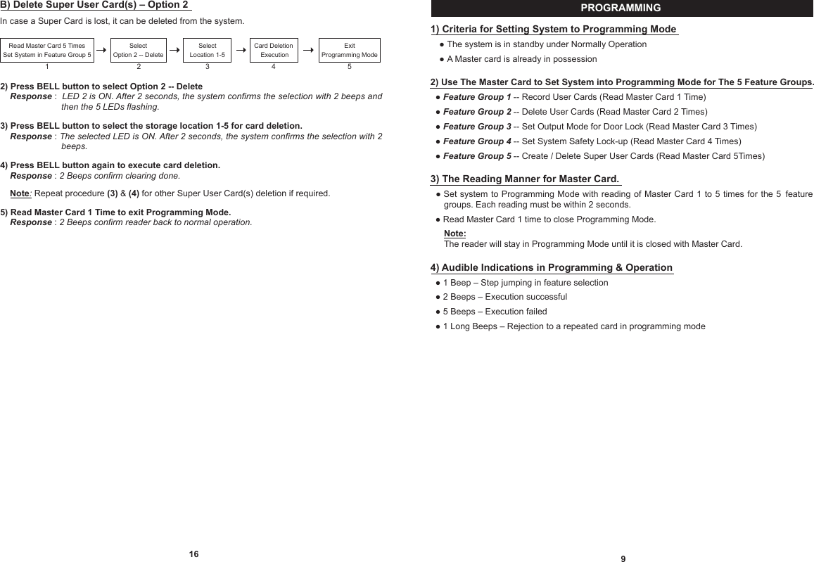 PROGRAMMING1) Criteria for Setting System to Programming ModeD ● The system is in standby under Normally OperationD ● A Master card is already in possession2) Use The Master Card to Set System into Programming Mode for The 5 Feature Groups.  ● Feature Group 1 -- Record User Cards (Read Master Card 1 Time)  ● Feature Group 2 -- Delete User Cards (Read Master Card 2 Times)  ● Feature Group 3 -- Set Output Mode for Door Lock (Read Master Card 3 Times)  ● Feature Group 4 -- Set System Safety Lock-up (Read Master Card 4 Times)  ● Feature Group 5 -- Create / Delete Super User Cards (Read Master Card 5Times)3) The Reading Manner for Master Card.  ● Set system  to Programming Mode with reading of Master Card  1 to 5 times for the 5 .feature ......groups. Each reading must be within 2 seconds.  ● Read Master Card 1 time to close Programming Mode.......Note:......The reader will stay in Programming Mode until it is closed with Master Card.4) Audible Indications in Programming &amp; Operation  ● 1 Beep – Step jumping in feature selection  ● 2 Beeps – Execution successful  ● 5 Beeps – Execution failed  ● 1 Long Beeps – Rejection to a repeated card in programming mode9162) Press BELL button to select Option 2 -- Delete....Response :  LED 2 is ON. After 2 seconds, the system confirms the selection with 2 beeps and .........................then the 5 LEDs flashing.3) Press BELL button to select the storage location 1-5 for card deletion. ....Response : The selected LED is ON. After 2 seconds, the system confirms the selection with 2 .........................beeps.4) Press BELL button again to execute card deletion.....Response : 2 Beeps confirm clearing done.....Note: Repeat procedure (3) &amp; (4) for other Super User Card(s) deletion if required.5) Read Master Card 1 Time to exit Programming Mode.....Response : 2 Beeps confirm reader back to normal operation.ExitProgramming ModeCard Deletion      Execution 4SelectLocation 1-5SelectOption 2 -- DeleteRead Master Card 5 TimesSet System in Feature Group 55321B) Delete Super User Card(s) – Option 2In case a Super Card is lost, it can be deleted from the system.