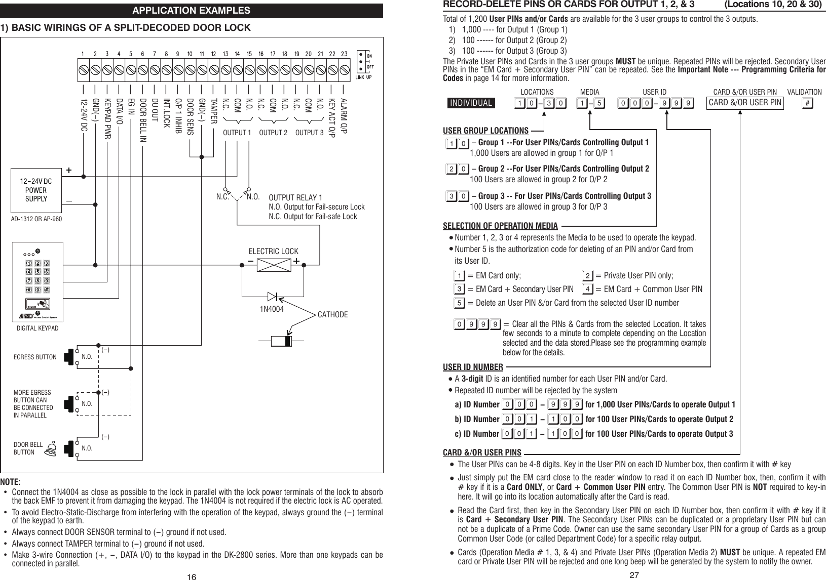 16APPLICATION EXAMPLES1) BASIC WIRINGS OF A SPLIT-DECODED DOOR LOCKNOTE: •  Connect the 1N4004 as close as possible to the lock in parallel with the lock power terminals of the lock to absorb the back EMF to prevent it from damaging the keypad. The 1N4004 is not required if the electric lock is AC operated.•  To avoid Electro-Static-Discharge from interfering with the operation of the keypad, always ground the (-) terminal of the keypad to earth.•  Always connect DOOR SENSOR terminal to (-) ground if not used.•  Always connect TAMPER terminal to (-) ground if not used.•  Make 3-wire Connection (+, -, DATA I/O) to the keypad in the DK-2800 series. More than one keypads can be connected in parallel.- ALARM O/P- KEY ACT O/P- N.O.- COM- N.C.- N.O.- COM- N.C.- N.O.- COM- N.C.- TAMPER- GND(-)- DOOR SENS- O/P 1 INHIB- INT. LOCK- DU OUT- DOOR BELL IN- EG IN- DATA I/O- KEYPAD PWR- GND(-)- 12-24V DCN.O.ELECTRIC LOCK1N4004 CATHODEOUTPUT RELAY 1N.O. Output for Fail-secure LockN.C. Output for Fail-safe LockN.C.OUTPUT 1 OUTPUT 2 OUTPUT 3DIGITAL KEYPADAD-1312 OR AP-960EGRESS BUTTONMORE EGRESSBUTTON CANBE CONNECTEDIN PARALLELDOOR BELLBUTTONN.O.(-)(-)(-)N.O.N.O.RECORD-DELETE PINS OR CARDS FOR OUTPUT 1, 2, &amp; 3            (Locations 10, 20 &amp; 30)                                                                                                                                                   Total of 1,200 User PINs and/or Cards are available for the 3 user groups to control the 3 outputs.1)   1,000 ---- for Output 1 (Group 1)2)   100 ------ for Output 2 (Group 2)3)   100 ------ for Output 3 (Group 3)The Private User PINs and Cards in the 3 user groups MUST be unique. Repeated PINs will be rejected. Secondary User PINs in the “EM Card + Secondary User PIN” can be repeated. See the Important Note --- Programming Criteria for Codes in page 14 for more information.USER GROUP LOCATIONS – Group 1 --For User PINs/Cards Controlling Output 11,000 Users are allowed in group 1 for O/P 1 – Group 2 --For User PINs/Cards Controlling Output 2100 Users are allowed in group 2 for O/P 2 – Group 3 -- For User PINs/Cards Controlling Output 3100 Users are allowed in group 3 for O/P 3SELECTION OF OPERATION MEDIANumber 1, 2, 3 or 4 represents the Media to be used to operate the keypad.Number 5 is the authorization code for deleting of an PIN and/or Card fromits User ID.= EM Card only;           = Private User PIN only;       = EM Card + Secondary User PIN  = EM Card + Common User PIN= Delete an User PIN &amp;/or Card from the selected User ID number= Clear all the PINs &amp; Cards from the selected Location. It takes few seconds to a minute to complete depending on the Location selected and the data stored.Please see the programming example below for the details.USER ID NUMBERA 3-digit ID is an identified number for each User PIN and/or Card.Repeated ID number will be rejected by the systema) ID Number 000 - 999 for 1,000 User PINs/Cards to operate Output 1b) ID Number 001 - 100 for 100 User PINs/Cards to operate Output 2c) ID Number 001 - 100 for 100 User PINs/Cards to operate Output 3CARD &amp;/OR USER PINSThe User PINs can be 4-8 digits. Key in the User PIN on each ID Number box, then confirm it with # keyJust simply put the EM card close to the reader window to read it on each ID Number box, then, confirm it with # key if it is a Card ONLY, or Card + Common User PIN entry. The Common User PIN is NOT required to key-in here. It will go into its location automatically after the Card is read.Read the Card first, then key in the Secondary User PIN on each ID Number box, then confirm it with # key if it is Card + Secondary User PIN. The Secondary User PINs can be duplicated or a proprietary User PIN but can not be a duplicate of a Prime Code. Owner can use the same secondary User PIN for a group of Cards as a group Common User Code (or called Department Code) for a specific relay output.Cards (Operation Media # 1, 3, &amp; 4) and Private User PINs (Operation Media 2) MUST be unique. A repeated EM card or Private User PIN will be rejected and one long beep will be generated by the system to notify the owner.10-30 1-5 000-999         #1020301 23 450999CARD &amp;/OR USER PIN VALIDATIONLOCATIONS MEDIA USER IDCARD &amp;/OR USER PIN27INDIVIDUAL