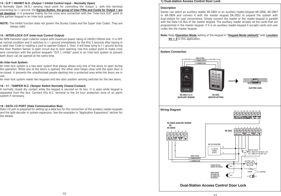 14 : O/P 1 INHIBIT N.O. (Output 1 Inhibit Control Input – Normally Open)A Normally Open (N.O.) sensing input point for controlling the Output 1, with this terminal connecting to (-) ground, the Egress Button, the group of User PINs and Cards for Output 1 are all disabled. It is prepared mainly for the cross wire connection with the “Inter-lock O/P” point of the partner keypad in an Inter-lock system.NOTE: The inhibit function does not govern the Duress Codes and the Super User Codes. They are 15 : INTER-LOCK O/P (Inter-lock Control Output)An NPN transistor open collector output with maximum power rating of 24VDC/100mA sink. It is OFF at normal condition and it switches to (-) ground immediately for the first 5 seconds after keying in a valid User Code or reading a card to operate Output 1, then, it will keep tying to (-) ground during the Door Position Sensor is open circuit due to door opening. Use this output point to make cross wire connection with the partner keypad’s “O/P 1 Inhibit” point in an Inter-lock system to prevent both doors can be opened at the same time.An Inter-lock System:An inter-lock system is a two-door system that always allows only one of the doors to open during the operation. While one of the doors is opened, the other door keeps close until the open door is re-closed. It prevents the unauthorized people dashing into a protected area while the doors are in use.An inter-lock system needs two keypads and two door position sensing switches for the two doors.16 - 17 : TAMPER N.C. (Tamper Switch Normally Closed Contact)A normally closed dry contact while the keypad is secured on its box. It is open while keypad is separated from the box. Connect this N.C. terminal to the 24 hour protection zone of an alarm system if necessary.18 : DATA I/O PORT (Data Communication Bus)Data I/O port is prepared for setting up a data bus for the connection of the auxiliary reader-keypads and the split-decoder in system expansion. See the examples in “Application Expansions” section for the details. always valid.1) Dual-station Access Control Door LockDescriptionOwner can select an auxiliary reader AR-2802 or an auxiliary reader-keypad AR-2806, AR-2807 or AR-2809 and connect it with the master keypad DK-2852 to expand the system with dual-station for user convenience. Simply connect the reader or the reader-keypad in parallel with the Data I/O Bus of the master keypad. The auxiliary reader accepts all the cards that are programmed in the master keypad. If it is an auxiliary reader-keypad it accepts cards and user codes like the master keypad.Note: Keep Operation Mode setting of the keypad in “Keypad Mode (default)” with Location (–) COMMON GND(+) POWER SUPPLYDATA I/O BUSDK-2852(MASTER KEYPAD)AR-2802 S or A(AUXILIARY READER)ELECTRIC LOCKSystem Connection94 = 0 in this application.AD-1312 OR AP-960(–) COMMON GND(+) POWER SUPPLYDATA I/O BUSAR-2802S AUXILARY READER    OR AR-2802ADK-2852TAMPERN. C.(+)   (–)12-24V DC LEDDATAI/OWiring DiagramDual-Station Access Control Door LockEGRESS BUTTON(INSIDE THE HOUSE)MORE EGRESS BUTTONS CAN BE CONNECTEDIN PARALLEL