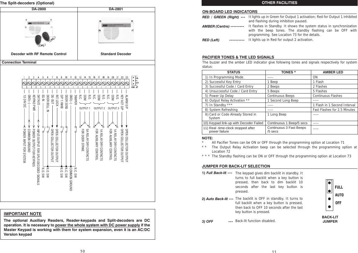 ON-BOARD LED INDICATORSRED / GREEN (Right) ---AMBER (Centre) --------- RED (Left)      ----------   PACIFIER TONES &amp; THE LED SIGNALSThe buzzer and the amber LED indicator give following tones and signals respectively for system status:DA-2801DA-2800Connection TerminalThe Split-decoders (Optional)- ALARM O/P- KEY ACT O/P- N.O.- COM- N.C.- N.O.- COM- N.C.- N.O.- COM- N.C.- TAMPER- GND(-)- DOOR SENS- O/P 1 INHIB- INT. LOCK- DU OUT- DOOR BELL IN- EG IN- DATA I/O- KEYPAD PWR- GND(-)- 12-24V DCOPEN COLLECTOR OUTPUTOPEN COLLECTOR OUTPUT1A RELAY DRY CONTACTSFOR AUXILIARY CONTROL1A RELAY DRY CONTACTSFOR AUXILIARY CONTROL5A RELAY DRY CONTACTSFOR DOOR STRIKEOPEN COLLECTOR OUTPUTOPEN COLLECTOR OUTPUTINPUT/OUTPUT FOR SPLIT-DECODED SIGNALSPOWER OUTPUT FOR KEYPADSCOMMON GROUNDPOWER INPUT FOR SYSTEMN.C. SWCOMMON GROUNDN.C. SWN.O. SWN.O. SWN.O. SWOUTPUT 1 OUTPUT 2 OUTPUT 3Standard DecoderDecoder with RF Remote ControlIt lights up in Green for Output 1 activation; Red for Output 1 inhibited and flashing during inhibition paused.It flashes in Standby. It shows the system status in synchronization with the beep tones. The standby flashing can be OFF with programming. See Location 73 for the details.It lights up in Red for output 2 activation.STATUS TONES * AMBER LED1) In Programming Mode ----- ON2) Successful Key Entry 1 Beep 1 Flash3) Successful Code / Card Entry 2 Beeps 2 Flashes4) Unsuccessful Code / Card Entry 5 Beeps 5 Flashes5) Power Up Delay Continuous Beeps Continuous Flashes6) Output Relay Activation ** 1 Second Long Beep  7) In Standby ***  ----- 1 Flash in 1 Second Interval8) System Refreshing  ----- Fast Flashes for 2.5 Minutes    Continuous 3 Fast Beeps/5 secs -----    Continuous 1 Beep/5 secs    11) Real -time-clock stopped after        power failure    10) Keypad link-up with Decoder Failed    )9 Card or Code Already Stored in        System 1 Long Beep---------------NOTE:*     * *   * * *JUMPER FOR BACK-LIT SELECTION                                                                                                                                                   1) Full Back-lit --- 2) Auto Back-lit --- 3) OFF               ---All Pacifier Tones can be ON or OFF through the programming option at Location 71The Output Relay Activation beep can be selected through the programming option at Location 72The Standby flashing can be ON or OFF through the programming option at Location 73The keypad gives dim backlit in standby. It turns to full backlit when a key button is pressed, then back to dim backlit 10 seconds after the last key button is pressed.The backlit is OFF in standby. It turns to full backlit when a key button is pressed, then back to OFF 10 seconds after the last key button is pressed.Back-lit function disabled.OTHER FACILITIESBACK-LITJUMPERIMPORTANT NOTEThe optional Auxiliary Readers, Reader-keypads and Split-decoders are DC operation. It is necessary to power the whole system with DC power supply if the Master Keypad is working with them for system expansion, even it is an AC/DC Version keypad