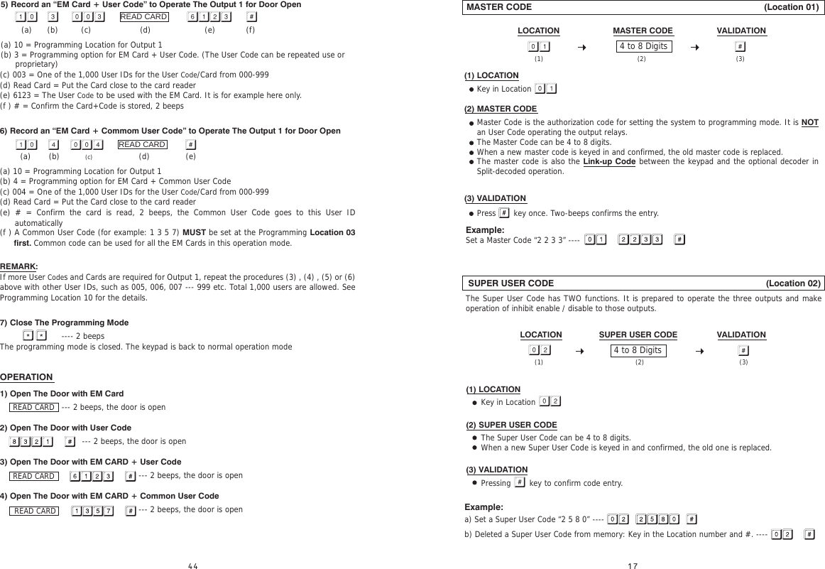 4 to 8 Digits  MASTER CODE                                                                                            (Location 01)LOCATION                       MASTER CODE                   VALIDATION   (1) LOCATION      Key in Location (2) MASTER CODE(3) VALIDATIONMaster Code is the authorization code for setting the system to programming mode. It is NOT an User Code operating the output relays.The Master Code can be 4 to 8 digits. When a new master code is keyed in and confirmed, the old master code is replaced.The master code is also the Link-up Code between the keypad and the optional decoder in Split-decoded operation.(2)(1) (3)Press       key once. Two-beeps confirms the entry.Example: Set a Master Code “2 2 3 3” ---- SUPER USER CODE                                                                                    (Location 02)The Super User Code has TWO functions. It is prepared to operate the three outputs and make operation of inhibit enable / disable to those outputs.(1) LOCATION      Key in Location(2) SUPER USER CODE      The Super User Code can be 4 to 8 digits.      When a new Super User Code is keyed in and confirmed, the old one is replaced.(3) VALIDATION      Pressing   key to confirm code entry.      Example: a) Set a Super User Code “2 5 8 0” ----b) Deleted a Super User Code from memory: Key in the Location number and #. ----4 to 8 Digits (1) (2) (3)LOCATION                SUPER USER CODE                 VALIDATION                READ CARD(c) 003 = One of the 1,000 User IDs for the User Code/Card from 000-999(d) Read Card = Put the Card close to the card reader(e) 6123 = The User Code to be used with the EM Card. It is for example here only.(f ) # = Confirm the Card+Code is stored, 2 beeps6) Record an “EM Card + Commom User Code” to Operate The Output 1 for Door Open         (a)       (b)          (c)                  (d)              (e)(a) 10 = Programming Location for Output 1(b) 4 = Programming option for EM Card + Common User Code(c) 004 = One of the 1,000 User IDs for the User Code/Card from 000-999(d) Read Card = Put the Card close to the card reader(e) # = Confirm the card is read, 2 beeps, the Common User Code goes to this User ID automatically (f ) A Common User Code (for example: 1 3 5 7) MUST be set at the Programming Location 03 first. Common code can be used for all the EM Cards in this operation mode. REMARK: If more User Codes and Cards are required for Output 1, repeat the procedures (3) , (4) , (5) or (6) above with other User IDs, such as 005, 006, 007 --- 999 etc. Total 1,000 users are allowed. See Programming Location 10 for the details.7) Close The Programming Mode                        ---- 2 beepsThe programming mode is closed. The keypad is back to normal operation modeOPERATION1) Open The Door with EM Card                        --- 2 beeps, the door is open2) Open The Door with User Code                                --- 2 beeps, the door is open3) Open The Door with EM CARD + User Code                                                      --- 2 beeps, the door is open4) Open The Door with EM CARD + Common User Code                                                      --- 2 beeps, the door is openREAD CARDREAD CARDREAD CARDproprietary)5) Record an “EM Card + User Code” to Operate The Output 1 for Door Open        (a)      (b)         (c)                   (d)                     (e)            (f)(a) 10 = Programming Location for Output 1(b) 3 = Programming option for EM Card + User Code. (The User Code can be repeated use or      READ CARD