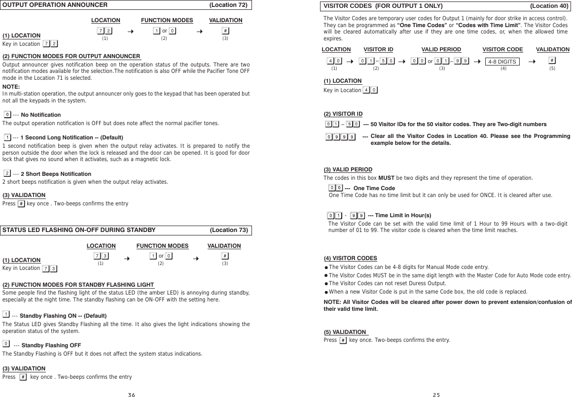VISITOR CODES  (FOR OUTPUT 1 ONLY)                                                   (Location 40)The Visitor Codes are temporary user codes for Output 1 (mainly for door strike in access control). They can be programmed as “One Time Codes” or “Codes with Time Limit”. The Visitor Codes will be cleared automatically after use if they are one time codes, or, when the allowed time expires.(1) LOCATIONKey in Location(2) VISITOR ID                       --- 50 Visitor IDs for the 50 visitor codes. They are Two-digit numbers                      --- (3) VALID PERIODThe codes in this box MUST be two digits and they represent the time of operation.            ---  One Time Code   One Time Code has no time limit but it can only be used for ONCE. It is cleared after use.            -            --- Time Limit in Hour(s)The Visitor Code can be set with the valid time limit of 1 Hour to 99 Hours with a two-digit number of 01 to 99. The visitor code is cleared when the time limit reaches.4-8 DIGITS  -  or -VISITOR CODE VALIDATIONLOCATION VISITOR ID VALID PERIOD(5)(4)(3)(2)(1)-Clear all the Visitor Codes in Location 40. Please see the Programming example below for the details.(4) VISITOR CODES NOTE: All Visitor Codes will be cleared after power down to prevent extension/confusion of their valid time limit.(5) VALIDATIONPress       key once. Two-beeps confirms the entry.The Visitor Codes can be 4-8 digits for Manual Mode code entry.The Visitor Codes MUST be in the same digit length with the Master Code for Auto Mode code entry.The Visitor Codes can not reset Duress Output.When a new Visitor Code is put in the same Code box, the old code is replaced.OUTPUT OPERATION ANNOUNCER                                                          (Location 72)(1) LOCATION Key in Location(2) FUNCTION MODES FOR OUTPUT ANNOUNCEROutput announcer gives notification beep on the operation status of the outputs. There are two notification modes available for the selection.The notification is also OFF while the Pacifier Tone OFF mode in the Location 71 is selected.      --- No NotificationThe output operation notification is OFF but does note affect the normal pacifier tones.       --- 1 Second Long Notification -- (Default)1 second notification beep is given when the output relay activates. It is prepared to notify the person outside the door when the lock is released and the door can be opened. It is good for door lock that gives no sound when it activates, such as a magnetic lock. --- 2 Short Beeps Notification2 short beeps notification is given when the output relay activates.(3) VALIDATIONPress   key once . Two-beeps confirms the entrySTATUS LED FLASHING ON-OFF DURING STANDBY                               (Location 73)                                                                                                                                                   (1) LOCATION Key in Location (2) FUNCTION MODES FOR STANDBY FLASHING LIGHTSome people find the flashing light of the status LED (the amber LED) is annoying during standby, especially at the night time. The standby flashing can be ON-OFF with the setting here. --- Standby Flashing ON -- (Default)The Status LED gives Standby Flashing all the time. It also gives the light indications showing the operation status of the system.  --- Standby Flashing OFFThe Standby Flashing is OFF but it does not affect the system status indications.(3) VALIDATIONPress   key once . Two-beeps confirms the entryFUNCTION MODES VALIDATIONLOCATION or   (2) (3)(1)FUNCTION MODES VALIDATIONLOCATION or   (2) (3)(1)NOTE:In multi-station operation, the output announcer only goes to the keypad that has been operated but not all the keypads in the system.