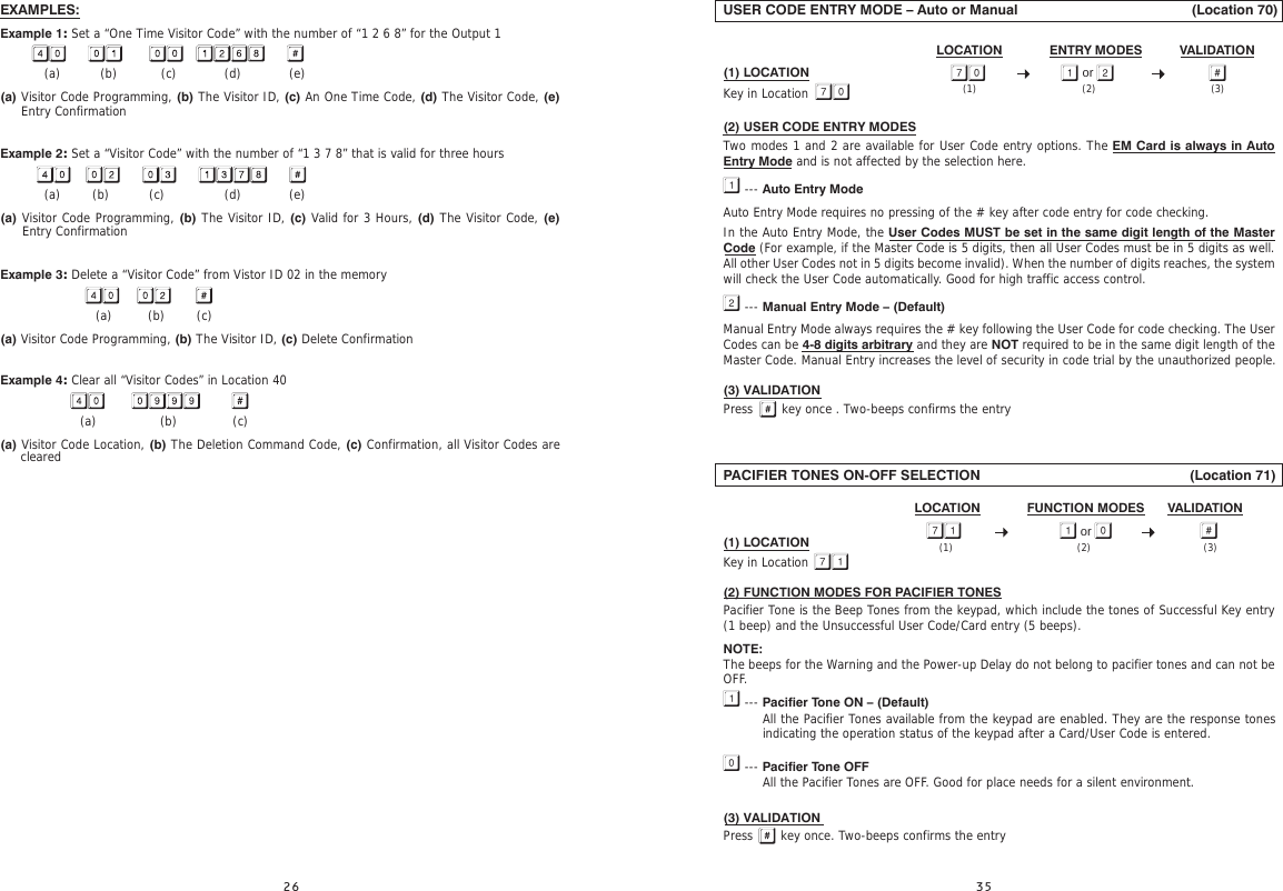 EXAMPLES:Example 1: Set a “One Time Visitor Code” with the number of “1 2 6 8” for the Output 1           (a)          (b)           (c)            (d)            (e)(a) Visitor Code Programming, (b) The Visitor ID, (c) An One Time Code, (d) The Visitor Code, (e) Example 2: Set a “Visitor Code” with the number of “1 3 7 8” that is valid for three hours            (a)        (b)          (c)               (d)            (e)(a) Visitor Code Programming, (b) The Visitor ID, (c) Valid for 3 Hours, (d) The Visitor Code, (e) Example 3: Delete a “Visitor Code” from Vistor ID 02 in the memory      (a)         (b)        (c)(a) Visitor Code Programming, (b) The Visitor ID, (c) Delete ConfirmationExample 4: Clear all “Visitor Codes” in Location 40                    (a)                (b)              (c)(a) Visitor Code Location, (b) The Deletion Command Code, (c) Confirmation, all Visitor Codes are Entry ConfirmationEntry ConfirmationclearedUSER CODE ENTRY MODE – Auto or Manual                                            (Location 70)(1) LOCATION Key in Location (2) USER CODE ENTRY MODESTwo modes 1 and 2 are available for User Code entry options. The EM Card is always in Auto Entry Mode and is not affected by the selection here. --- Auto Entry ModeAuto Entry Mode requires no pressing of the # key after code entry for code checking. In the Auto Entry Mode, the User Codes MUST be set in the same digit length of the Master Code (For example, if the Master Code is 5 digits, then all User Codes must be in 5 digits as well. All other User Codes not in 5 digits become invalid). When the number of digits reaches, the system will check the User Code automatically. Good for high traffic access control. --- Manual Entry Mode – (Default)Manual Entry Mode always requires the # key following the User Code for code checking. The User Codes can be 4-8 digits arbitrary and they are NOT required to be in the same digit length of the Master Code. Manual Entry increases the level of security in code trial by the unauthorized people.(3) VALIDATIONPress   key once . Two-beeps confirms the entryPACIFIER TONES ON-OFF SELECTION                                                     (Location 71)                                                                                                                                                   (1) LOCATION Key in Location (2) FUNCTION MODES FOR PACIFIER TONESPacifier Tone is the Beep Tones from the keypad, which include the tones of Successful Key entry (1 beep) and the Unsuccessful User Code/Card entry (5 beeps). NOTE:The beeps for the Warning and the Power-up Delay do not belong to pacifier tones and can not be OFF. --- Pacifier Tone ON – (Default) --- Pacifier Tone OFF(3) VALIDATIONPress       key once. Two-beeps confirms the entryAll the Pacifier Tones available from the keypad are enabled. They are the response tones indicating the operation status of the keypad after a Card/User Code is entered.All the Pacifier Tones are OFF. Good for place needs for a silent environment.VALIDATIONLOCATION or  ENTRY MODES(2) (3)(1)FUNCTION MODES VALIDATIONLOCATION or    (2) (3)(1)