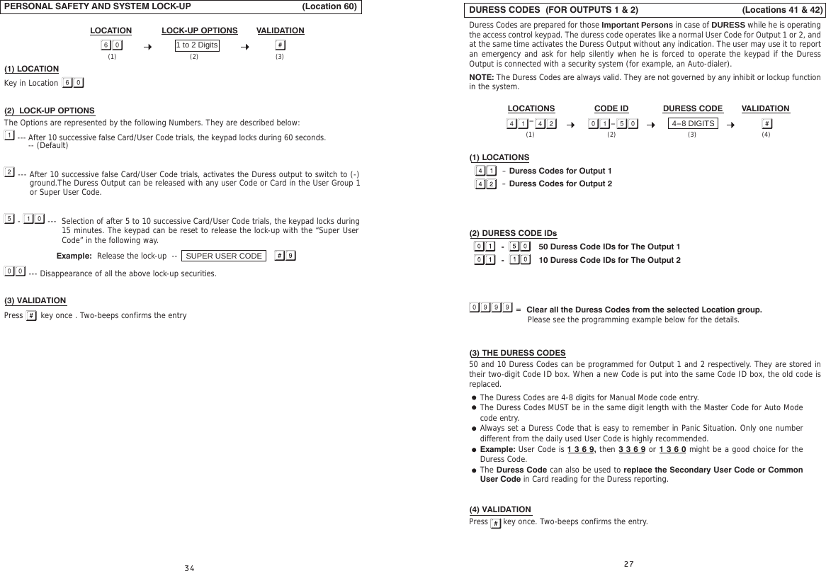 DURESS CODES  (FOR OUTPUTS 1 &amp; 2)                                         (Locations 41 &amp; 42)Duress Codes are prepared for those Important Persons in case of DURESS while he is operating the access control keypad. The duress code operates like a normal User Code for Output 1 or 2, and at the same time activates the Duress Output without any indication. The user may use it to report an emergency and ask for help silently when he is forced to operate the keypad if the Duress Output is connected with a security system (for example, an Auto-dialer).NOTE: The Duress Codes are always valid. They are not governed by any inhibit or lockup function in the system.(1) LOCATIONS             – Duress Codes for Output 1             – Duress Codes for Output 2(2) DURESS CODE IDs              -               50 Duress Code IDs for The Output 1              -               10 Duress Code IDs for The Output 2  =  Clear all the Duress Codes from the selected Location group.                        Please see the programming example below for the details.(3) THE DURESS CODES50 and 10 Duress Codes can be programmed for Output 1 and 2 respectively. They are stored in their two-digit Code ID box. When a new Code is put into the same Code ID box, the old code is replaced.(4) VALIDATIONPress      key once. Two-beeps confirms the entry.The Duress Codes are 4-8 digits for Manual Mode code entry.The Duress Codes MUST be in the same digit length with the Master Code for Auto Mode code entry.Always set a Duress Code that is easy to remember in Panic Situation. Only one number different from the daily used User Code is highly recommended. Example: User Code is 1 3 6 9, then 3 3 6 9 or 1 3 6 0 might be a good choice for the Duress Code.The Duress Code can also be used to replace the Secondary User Code or Common User Code in Card reading for the Duress reporting.- 4-8 DIGITSDURESS CODE VALIDATION-LOCATIONS CODE ID(4)(3)(2)(1)PERSONAL SAFETY AND SYSTEM LOCK-UP                                            (Location 60)                                                                                                                                                   (1) LOCATION Key in Location (2)  LOCK-UP OPTIONSThe Options are represented by the following Numbers. They are described below: --- After 10 successive false Card/User Code trials, the keypad locks during 60 seconds.      --- After 10 successive false Card/User Code trials, activates the Duress output to switch to (-)           -  ---  Selection of after 5 to 10 successive Card/User Code trials, the keypad locks during                                           Example:  Release the lock-up  --                       --- Disappearance of all the above lock-up securities.(3) VALIDATIONPress       key once . Two-beeps confirms the entrySUPER USER CODE1 to 2 DigitsLOCK-UP OPTIONS VALIDATIONLOCATION (3)(2)(1)-- (Default)  ground.The Duress Output can be released with any user Code or Card in the User Group 1 or Super User Code.15 minutes. The keypad can be reset to release the lock-up with the “Super User Code” in the following way.  