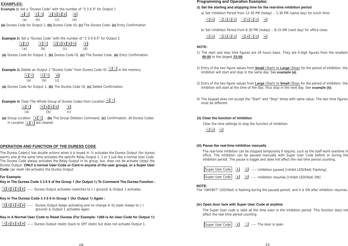 Example 2: Set a “Duress Code” with the number of “2 3 9 8 0” for Output 2                   (a)             (b)                (c)               (d)(a) Duress Code for Output 2, (b) Duress Code ID, (c) The Duress Code, (e) Entry Confirmation Example 3: Delete an Output 1 “Duress Code” from Duress Code ID  in the memory     (a)          (b)        (c)(a) Duress Code for Output 1, (b) The Duress Code ID, (c) Delete ConfirmationExample 4: Clear The Whole Group of Duress Codes from Location  :                      (a)                (b)               (c)(a) Group Location              , (b) The Group Deletion Command, (c) Confirmation, all Duress Codes in Location           are cleared.OPERATION AND FUNCTION OF THE DURESS CODEThe Duress Code(s) has double actions when it is keyed in. It activates the Duress Output (for duress alarm) and at the same time activates the specific Relay Output 1, 2 or 3 just like a normal User Code. The Duress Code always activates the Relay Output in its group, but, does not de-activate (stop) the Duress Output. ONLY a normal User Code or Card in anyone of the user groups, or a Super User Code can reset (de-activate) the Duress Output.For Example:Key in The Duress Code 3 3 6 9 of the Group 1 (for Output 1) To Command The Duress Function :                         ----- Duress Output activates (switches to (-) ground) &amp; Output 1 activates.Key in The Duress Code 3 3 6 9 in Group 1 (for Output 1) Again :                         -----  Duress Output keeps activating and no change in its state (keeps to (-) Key in A Normal User Code to Reset Duress (For Example: 1369 is An User Code for Output 1):                         ----- Duress Output resets (back to OFF state) but does not activate Output 1.ground) &amp; Output 1 activates again.EXAMPLES:Example 1: Set a “Duress Code” with the number of “3 3 6 9” for Output 1                    (a)        (b)              (c)            (d)(a) Duress Code for Output 1, (b) Duress Code ID, (c) The Duress Code, (e) Entry Confirmation(iii) Pause the real-time inhibition manuallyThe real-time inhibition can be stopped temporarily if require; such as the staff work overtime in office. The inhibition can be paused manually with Super User Code before or during the inhibition period. The pause is toggle and does not affect the real time period counting.                                                   ---- Inhibition paused [Inhibit LED(Red) Flashing]                                                   ---- Inhibition resumes [Inhibit LED(Red) ON]NOTE:The “INHIBIT” LED(Red) is flashing during the paused period; and it is ON after inhibition resumes.(iv) Open door lock with Super User Code at anytimeThe Super User code is valid all the time even in the inhibition period. This function does not affect the real time period counting.                                                   ---- The door is openSuper User Code  Super User Code  Super User Code  Programming and Operation Examples:(i) Set the starting and stopping time for the real-time inhibition period    a) Set Inhibition Period from 12:30 PM (today) – 1:30 PM (same day) for lunch time:    b) Set Inhibition Period from 6:30 PM (today) – 8:15 AM (next day) for office close:NOTE:1) The start and stop time figures are 24 hours basis. They are 4-digit figures from the smallest 00:00 to the largest 23:59.2) Entry of the two figure values from Small (Start) to Large (Stop) for the period of inhibition; the inhibition will start and stop in the same day. See example (a).3) Entry of the two figure values from Large (Start) to Small (Stop) for the period of inhibition; the inhibition will start at the time of the day; thus stop in the next day. See example (b).4) The keypad does not accept the “Start” and “Stop” times with same value. The two time figures must be different.(ii) Clear the function of inhibition Clear the time settings to stop the function of inhibition:          