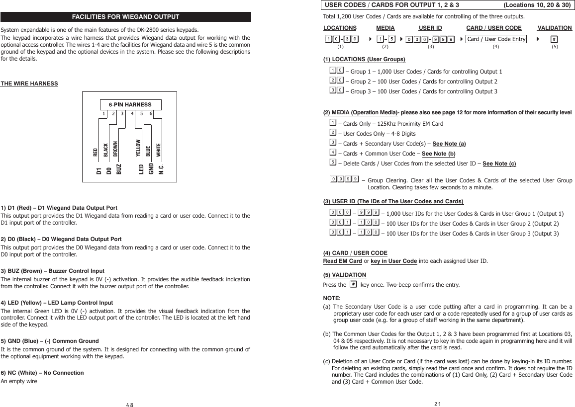  USER CODES / CARDS FOR OUTPUT 1, 2 &amp; 3                         (Locations 10, 20 &amp; 30)Total 1,200 User Codes / Cards are available for controlling of the three outputs.LOCATIONS            MEDIA               USER ID               CARD / USER CODE          VALIDATION  (1) LOCATIONS (User Groups)  – Group 1 – 1,000 User Codes / Cards for controlling Output 1  – Group 2 – 100 User Codes / Cards for controlling Output 2  – Group 3 – 100 User Codes / Cards for controlling Output 3(2) MEDIA (Operation Media)- please also see page 12 for more information of their security level  – Cards Only – 125Khz Proximity EM Card  – User Codes Only – 4-8 Digits  – Cards + Secondary User Code(s) – See Note (a)  – Cards + Common User Code – See Note (b)  – Delete Cards / User Codes from the selected User ID – See Note (c)  – Group Clearing. Clear all the User Codes &amp; Cards of the selected User Group (3) USER ID (The IDs of The User Codes and Cards)  –  – 1,000 User IDs for the User Codes &amp; Cards in User Group 1 (Output 1)  –  – 100 User IDs for the User Codes &amp; Cards in User Group 2 (Output 2)  –  – 100 User IDs for the User Codes &amp; Cards in User Group 3 (Output 3)(4) CARD / USER CODERead EM Card or key in User Code into each assigned User ID.(5) VALIDATIONPress the    key once. Two-beep confirms the entry.NOTE:(a) The Secondary User Code is a user code putting after a card in programming. It can be a proprietary user code for each user card or a code repeatedly used for a group of user cards as group user code (e.g. for a group of staff working in the same department).(b) The Common User Codes for the Output 1, 2 &amp; 3 have been programmed first at Locations 03, 04 &amp; 05 respectively. It is not necessary to key in the code again in programming here and it will follow the card automatically after the card is read.(c) Deletion of an User Code or Card (if the card was lost) can be done by keying-in its ID number. For deleting an existing cards, simply read the card once and confirm. It does not require the ID number. The Card includes the combinations of (1) Card Only, (2) Card + Secondary User Code and (3) Card + Common User Code. (1) (2) (5)(4)(3)Location. Clearing takes few seconds to a minute.FACILITIES FOR WIEGAND OUTPUTSystem expandable is one of the main features of the DK-2800 series keypads.The keypad incorporates a wire harness that provides Wiegand data output for working with the optional access controller. The wires 1-4 are the facilities for Wiegand data and wire 5 is the common ground of the keypad and the optional devices in the system. Please see the following descriptions for the details.THE WIRE HARNESS1) D1 (Red) – D1 Wiegand Data Output PortThis output port provides the D1 Wiegand data from reading a card or user code. Connect it to the D1 input port of the controller.2) D0 (Black) – D0 Wiegand Data Output PortThis output port provides the D0 Wiegand data from reading a card or user code. Connect it to the D0 input port of the controller.3) BUZ (Brown) – Buzzer Control InputThe internal buzzer of the keypad is 0V (-) activation. It provides the audible feedback indication from the controller. Connect it with the buzzer output port of the controller.4) LED (Yellow) – LED Lamp Control InputThe internal Green LED is 0V (-) activation. It provides the visual feedback indication from the controller. Connect it with the LED output port of the controller. The LED is located at the left hand side of the keypad.5) GND (Blue) – (-) Common GroundIt is the common ground of the system. It is designed for connecting with the common ground of the optional equipment working with the keypad. 6) NC (White) – No ConnectionAn empty wire