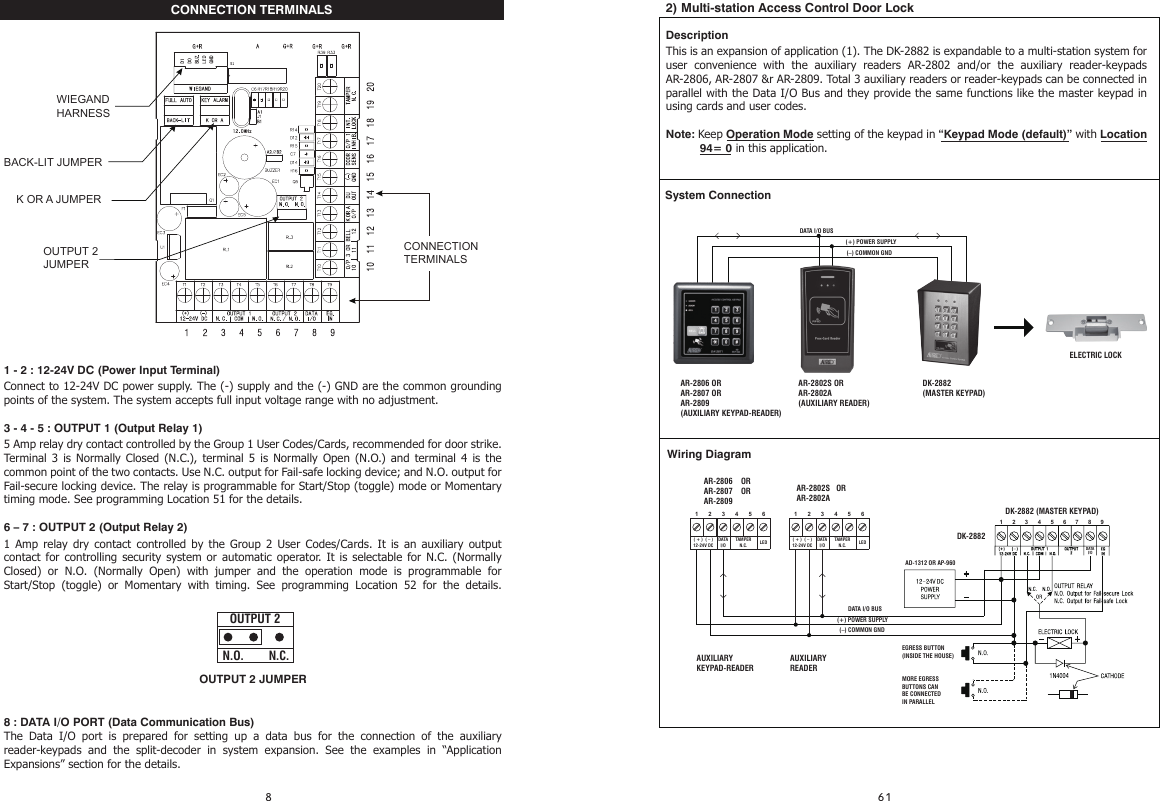 CONNECTION TERMINALS1 - 2 : 12-24V DC (Power Input Terminal)Connect to 12-24V DC power supply. The (-) supply and the (-) GND are the common grounding points of the system. The system accepts full input voltage range with no adjustment.3 - 4 - 5 : OUTPUT 1 (Output Relay 1)5 Amp relay dry contact controlled by the Group 1 User Codes/Cards, recommended for door strike. Terminal 3 is Normally Closed (N.C.), terminal 5 is Normally Open (N.O.) and terminal 4 is the common point of the two contacts. Use N.C. output for Fail-safe locking device; and N.O. output for Fail-secure locking device. The relay is programmable for Start/Stop (toggle) mode or Momentary timing mode. See programming Location 51 for the details.6 – 7 : OUTPUT 2 (Output Relay 2)1 Amp relay dry contact controlled by the Group 2 User Codes/Cards. It is an auxiliary outputcontact for controlling security system or automatic operator. It is selectable for N.C. (NormallyClosed) or N.O. (Normally Open) with jumper and the operation mode is programmable forStart/Stop (toggle) or Momentary with timing. See programming Location 52 for the details.8 : DATA I/O PORT (Data Communication Bus)The Data I/O port is prepared for setting up a data bus for the connection of the auxiliary reader-keypads and the split-decoder in system expansion. See the examples in “Application Expansions” section for the details.2) Multi-station Access Control Door LockDescriptionThis is an expansion of application (1). The DK-2882 is expandable to a multi-station system for user convenience with the auxiliary readers AR-2802 and/or the auxiliary reader-keypads AR-2806, AR-2807 &amp;r AR-2809. Total 3 auxiliary readers or reader-keypads can be connected in parallel with the Data I/O Bus and they provide the same functions like the master keypad in using cards and user codes.Note: Keep Operation Mode setting of the keypad in “Keypad Mode (default)” with Location  (–) COMMON GND(+) POWER SUPPLYDATA I/O BUSDK-2882(MASTER KEYPAD)AR-2802S   ORAR-2802AAR-2802S ORAR-2802A(AUXILIARY READER)ELECTRIC LOCKDATAI/O987654321(–) COMMON GND(+) POWER SUPPLYDATA I/O BUSDK-2882 (MASTER KEYPAD)654321LEDDATAI/OTAMPERN.C.( + )  ( – )12-24V DC654321LEDDATAI/OTAMPERN.C.( + )  ( – )12-24V DCWiring DiagramSystem ConnectionAR-2806 ORAR-2807 ORAR-2809(AUXILIARY KEYPAD-READER)DK-2882AR-2806    ORAR-2807    ORAR-2809AUXILIARY READERAUXILIARY KEYPAD-READEREGRESS BUTTON(INSIDE THE HOUSE)MORE EGRESS BUTTONS CAN BE CONNECTEDIN PARALLELAD-1312 OR AP-96094= 0 in this application.  OUTPUT 2 JUMPERN.O.        N.C.OUTPUT 2WIEGAND HARNESSBACK-LIT JUMPERK OR A JUMPEROUTPUT 2JUMPERCONNECTION TERMINALS