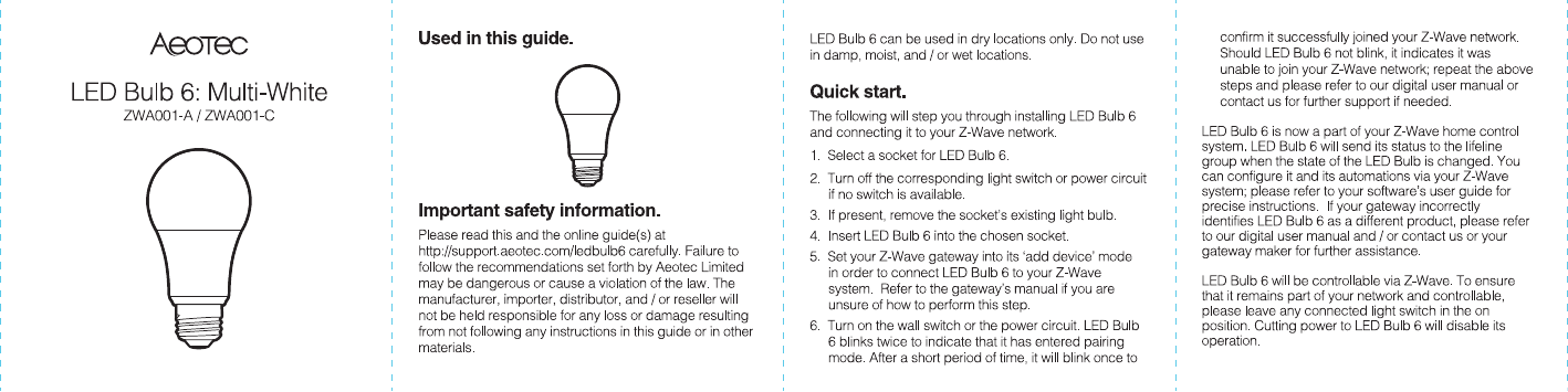 Page 1 of AEOTEC ZWA001 LED Bulb 6 Multi-White User Manual