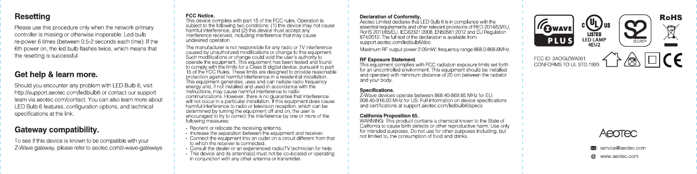 Page 2 of AEOTEC ZWA001 LED Bulb 6 Multi-White User Manual