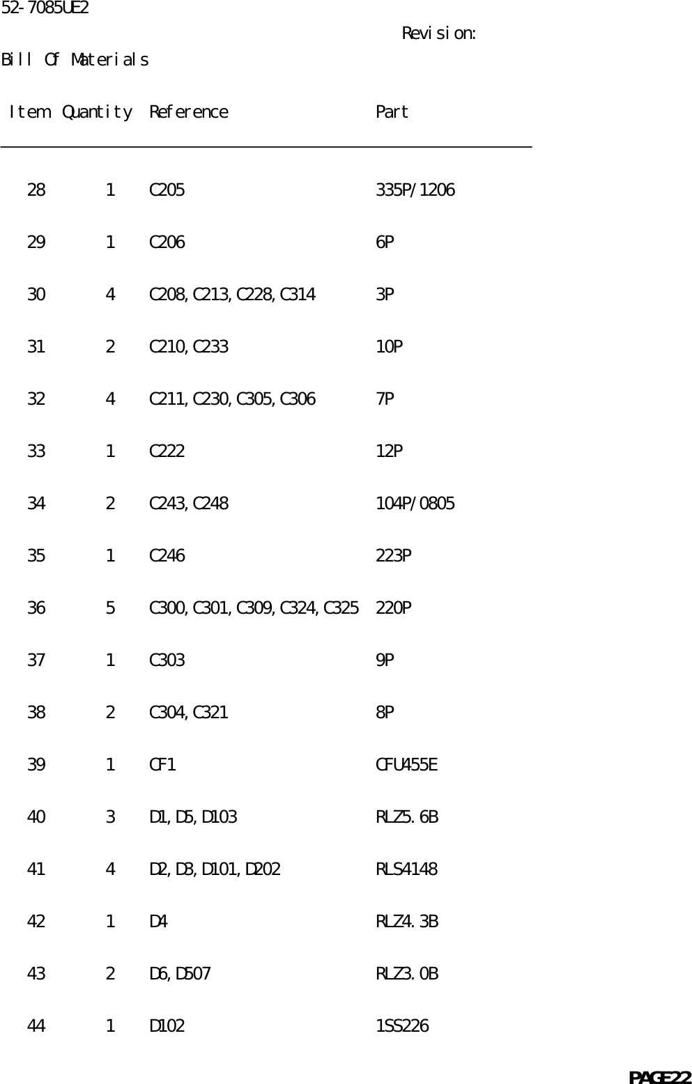 52-7085UE2                                                Revision:Bill Of Materials    Item  Quantity  Reference                 Part_____________________________________________________________   28       1    C205                      335P/1206   29       1    C206                      6P   30       4    C208,C213,C228,C314       3P   31       2    C210,C233                 10P   32       4    C211,C230,C305,C306       7P   33       1    C222                      12P   34       2    C243,C248                 104P/0805   35       1    C246                      223P   36       5    C300,C301,C309,C324,C325  220P   37       1    C303                      9P   38       2    C304,C321                 8P   39       1    CF1                       CFU455E   40       3    D1,D5,D103                RLZ5.6B   41       4    D2,D3,D101,D202           RLS4148   42       1    D4                        RLZ4.3B   43       2    D6,D507                   RLZ3.0B   44       1    D102                      1SS226                                                            PAGE22