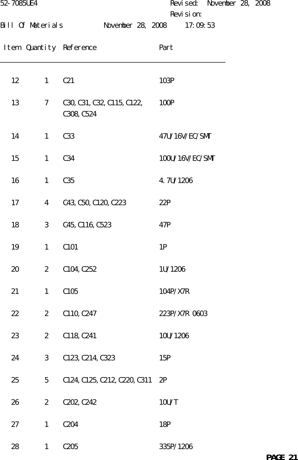 52-7085UE4                                    Revised:  November 28, 2008                                              Revision:Bill Of Materials           November 28, 2008     17:09:53 Item  Quantity  Reference                 Part_____________________________________________________________   12       1    C21                       103P   13       7    C30,C31,C32,C115,C122,    100P                 C308,C524   14       1    C33                       47U/16V/EC/SMT   15       1    C34                       100U/16V/EC/SMT   16       1    C35                       4.7U/1206   17       4    C43,C50,C120,C223         22P   18       3    C45,C116,C523             47P   19       1    C101                      1P   20       2    C104,C252                 1U/1206   21       1    C105                      104P/X7R   22       2    C110,C247                 223P/X7R 0603   23       2    C118,C241                 10U/1206   24       3    C123,C214,C323            15P   25       5    C124,C125,C212,C220,C311  2P   26       2    C202,C242                 10U/T   27       1    C204                      18P   28       1    C205                      335P/1206                                                            PAGE 21