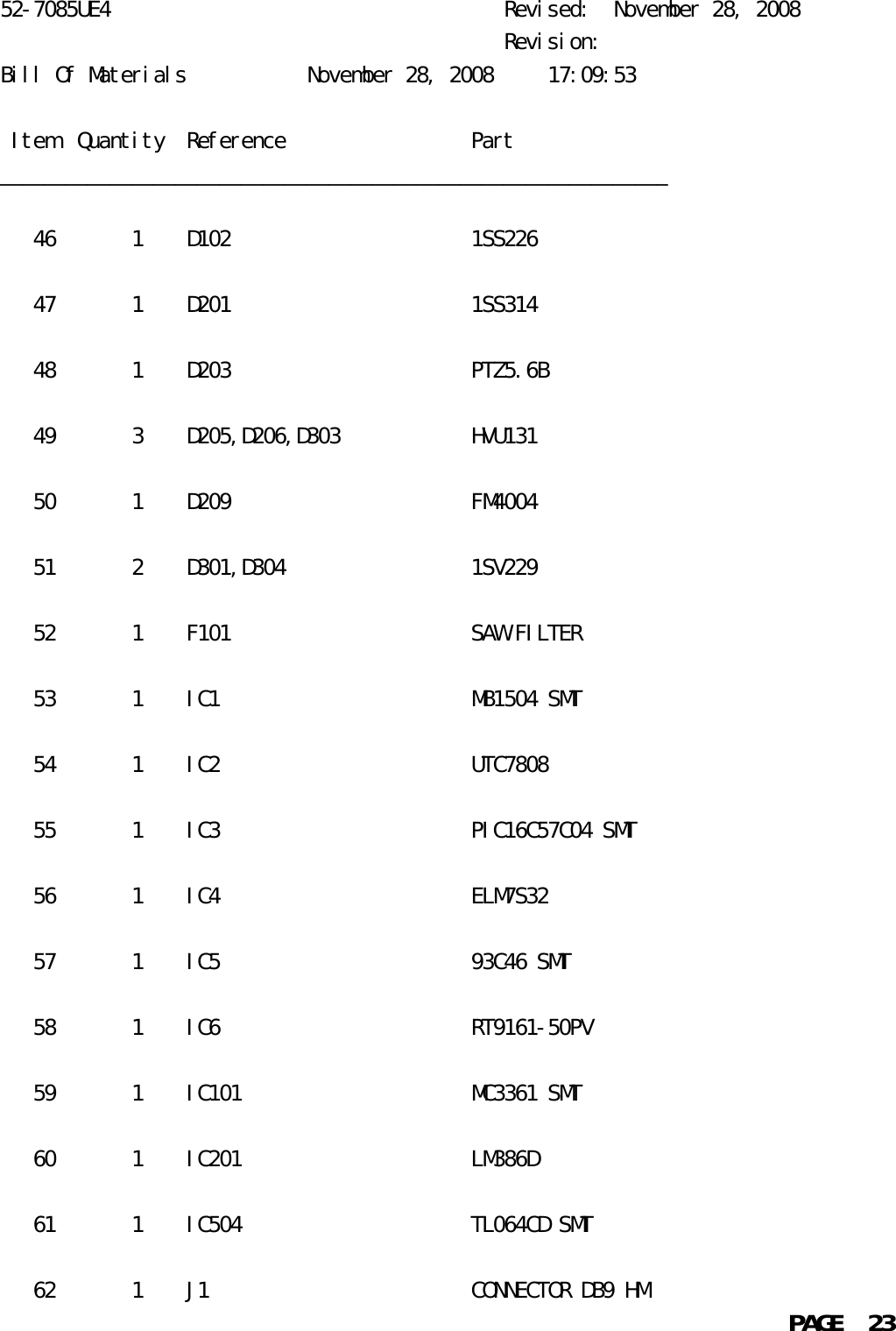 52-7085UE4                                    Revised:  November 28, 2008                                              Revision:Bill Of Materials           November 28, 2008     17:09:53 Item  Quantity  Reference                 Part_____________________________________________________________   46       1    D102                      1SS226   47       1    D201                      1SS314   48       1    D203                      PTZ5.6B   49       3    D205,D206,D303            HVU131   50       1    D209                      FM4004   51       2    D301,D304                 1SV229   52       1    F101                      SAW FILTER   53       1    IC1                       MB1504 SMT   54       1    IC2                       UTC7808   55       1    IC3                       PIC16C57C04 SMT   56       1    IC4                       ELM7S32   57       1    IC5                       93C46 SMT   58       1    IC6                       RT9161-50PV   59       1    IC101                     MC3361 SMT   60       1    IC201                     LM386D   61       1    IC504                     TL064CD SMT   62       1    J1                        CONNECTOR DB9 HM                                                            PAGE  23