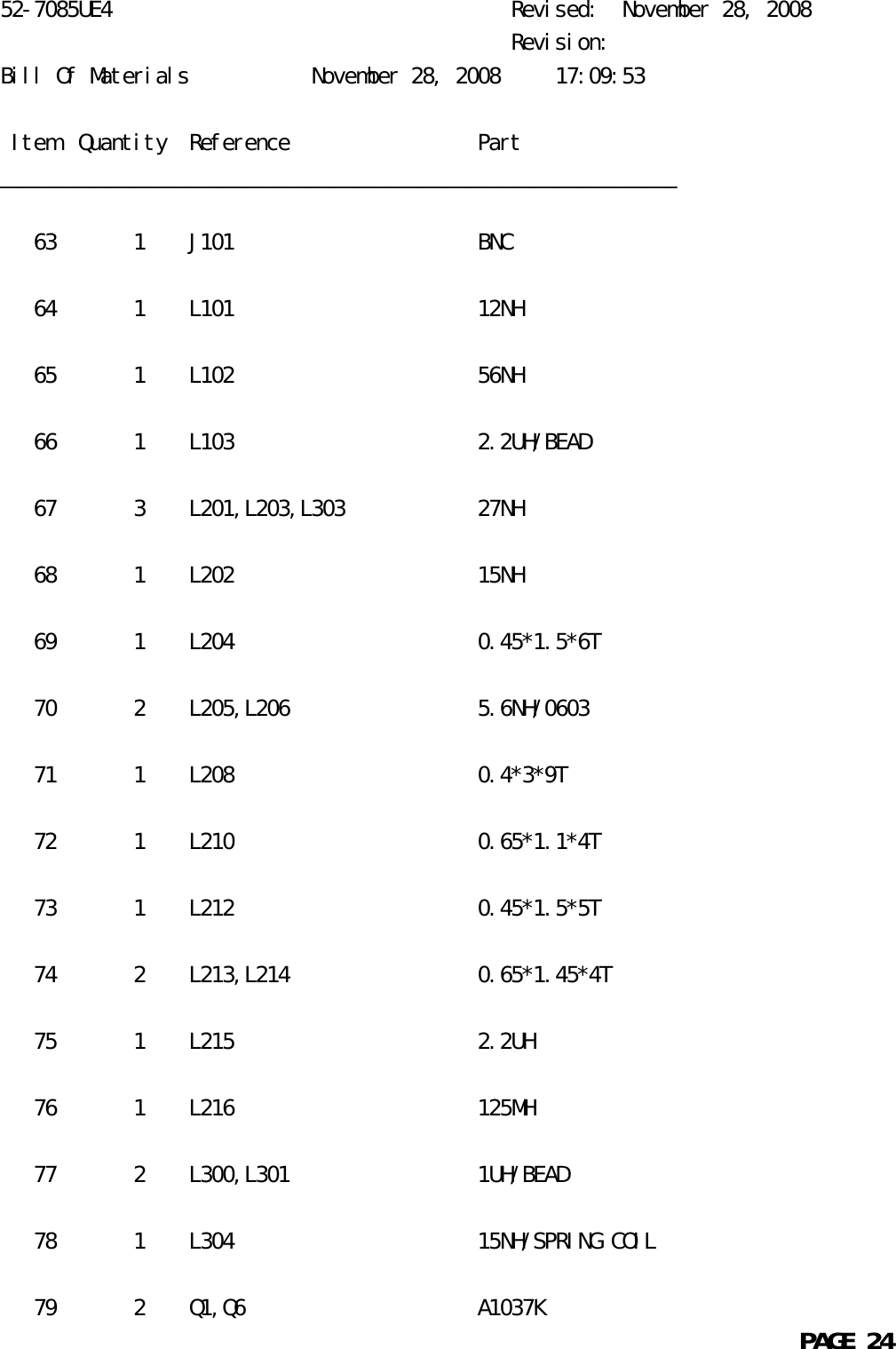 52-7085UE4                                    Revised:  November 28, 2008                                              Revision:Bill Of Materials           November 28, 2008     17:09:53 Item  Quantity  Reference                 Part_____________________________________________________________   63       1    J101                      BNC   64       1    L101                      12NH   65       1    L102                      56NH   66       1    L103                      2.2UH/BEAD   67       3    L201,L203,L303            27NH   68       1    L202                      15NH   69       1    L204                      0.45*1.5*6T   70       2    L205,L206                 5.6NH/0603   71       1    L208                      0.4*3*9T   72       1    L210                      0.65*1.1*4T   73       1    L212                      0.45*1.5*5T   74       2    L213,L214                 0.65*1.45*4T   75       1    L215                      2.2UH   76       1    L216                      125MH   77       2    L300,L301                 1UH/BEAD   78       1    L304                      15NH/SPRING COIL   79       2    Q1,Q6                     A1037K                                                            PAGE 24