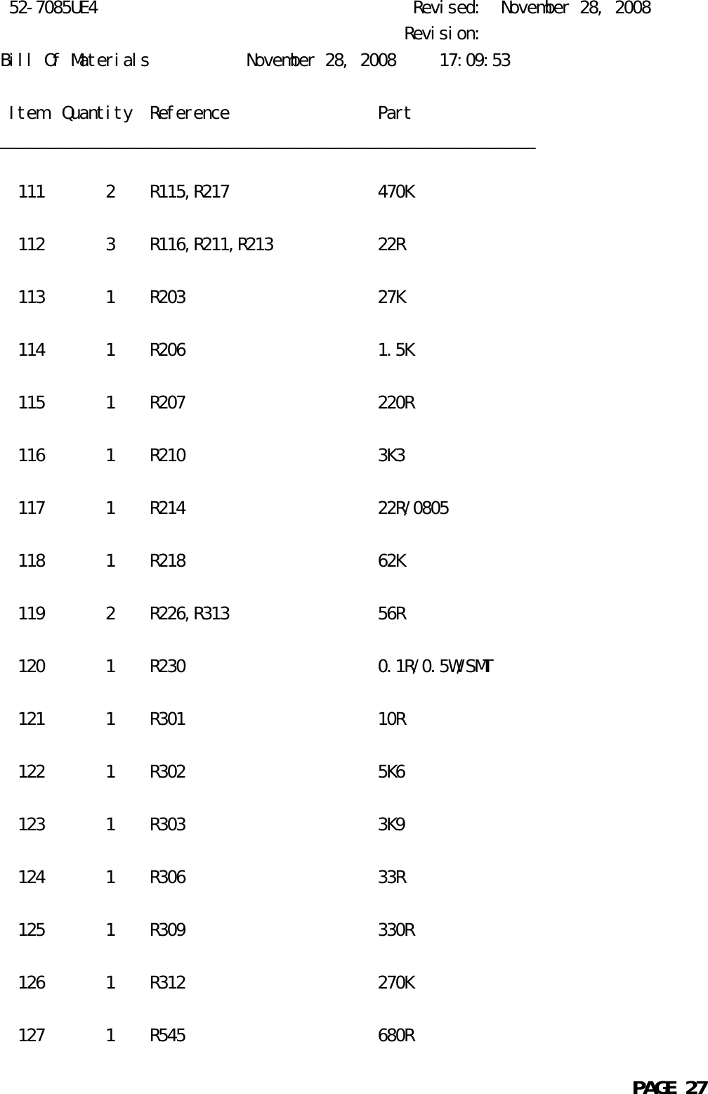  52-7085UE4                                    Revised:  November 28, 2008                                              Revision:Bill Of Materials           November 28, 2008     17:09:53 Item  Quantity  Reference                 Part_____________________________________________________________  111       2    R115,R217                 470K  112       3    R116,R211,R213            22R  113       1    R203                      27K  114       1    R206                      1.5K  115       1    R207                      220R  116       1    R210                      3K3  117       1    R214                      22R/0805  118       1    R218                      62K  119       2    R226,R313                 56R  120       1    R230                      0.1R/0.5W/SMT  121       1    R301                      10R  122       1    R302                      5K6  123       1    R303                      3K9  124       1    R306                      33R  125       1    R309                      330R  126       1    R312                      270K  127       1    R545                      680R                                                            PAGE 27