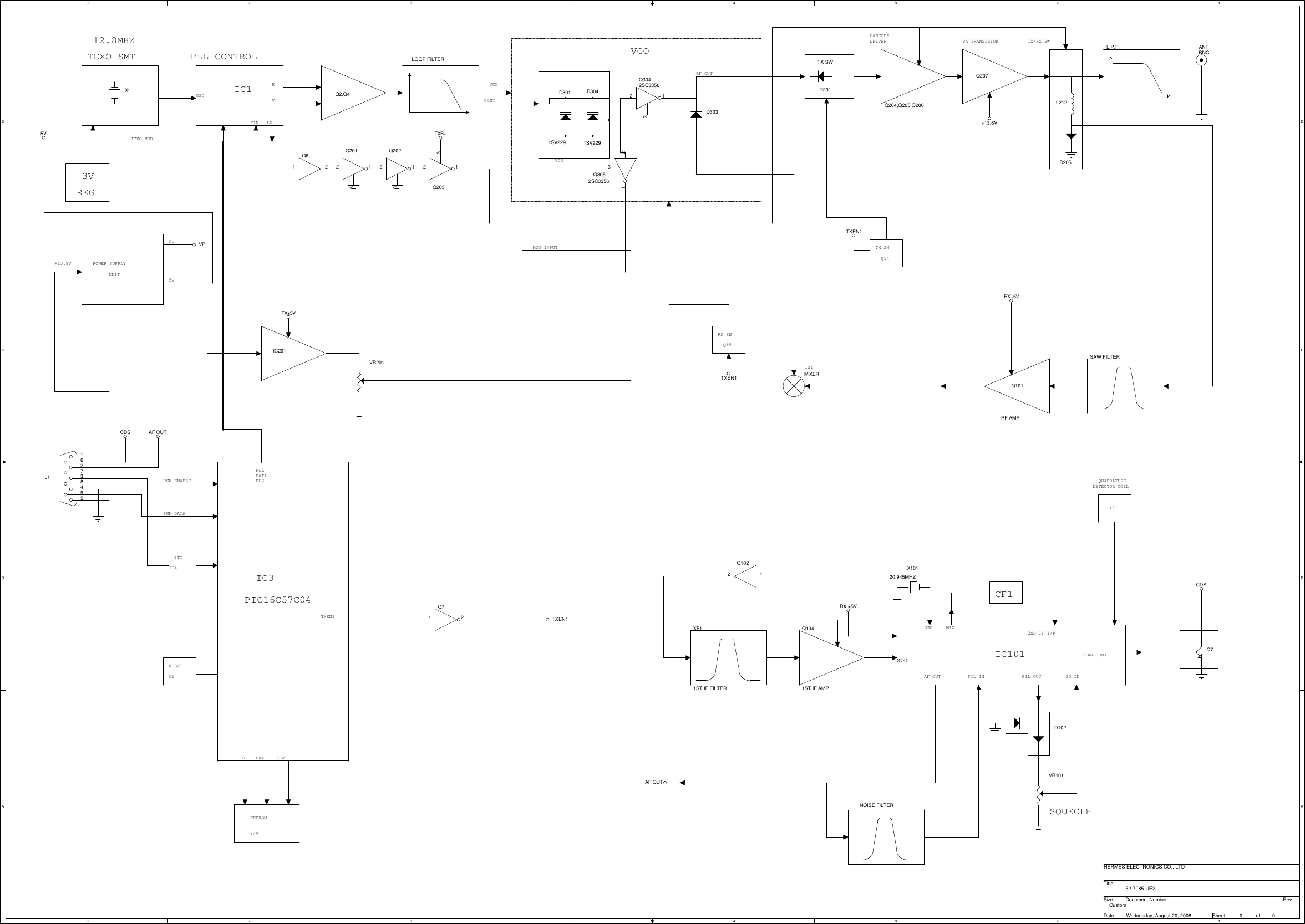 8877665544332211D DC CB BA A12.8MHZOSCFINVRIC1PLL CONTROLVCOCONTCASCODEDRIVERTX SWQ14TX/RX SWRX SWQ15MIXIOSC MIXCF12ND IF I/PT2QUADRATUREDETECTOR COILSQ INAF OUT FIL IN FIL OUTSCAN CONTPLL DATA BUSCS DAT CLKEEPROMTXEN1RESETMOD INPUTTCXO MOD.PTTPOWER SUPPLYUNIT3VREG+13.8VPGM ENABLEPGM DATARF OUTVCOSQUECLHLDTCXO SMTPIC16C57C045V8VPA TRANSISTORIC3Q1IC4IC101VCO 1STIC552-7085-UE2HERMES ELECTRONICS CO., LTDCustom0 0Wednesday, August 20, 2008TitleSize Document Number RevDate: SheetofTXEN1RX +5VCDSCDS AF OUTTXB+5VTX+5VRX+5V+13.6VTXEN1AF OUTTXEN1VPL.P.FL212D205ANTBNCD303Q2012 13Q203231LOOP FILTERD3011SV229D201TX SWQ207Q204,Q205,Q206Q2,Q4Q621Q721Q202231Q1022 1IC201VR201J1594837261SAW FILTERQ101RF AMPMIXERXF11ST IF FILTERX10120.945MHZQ1041ST IF AMPNOISE FILTERQ7D102VR101Q3042SC3356231Q3052SC3356231D3041SV229X1