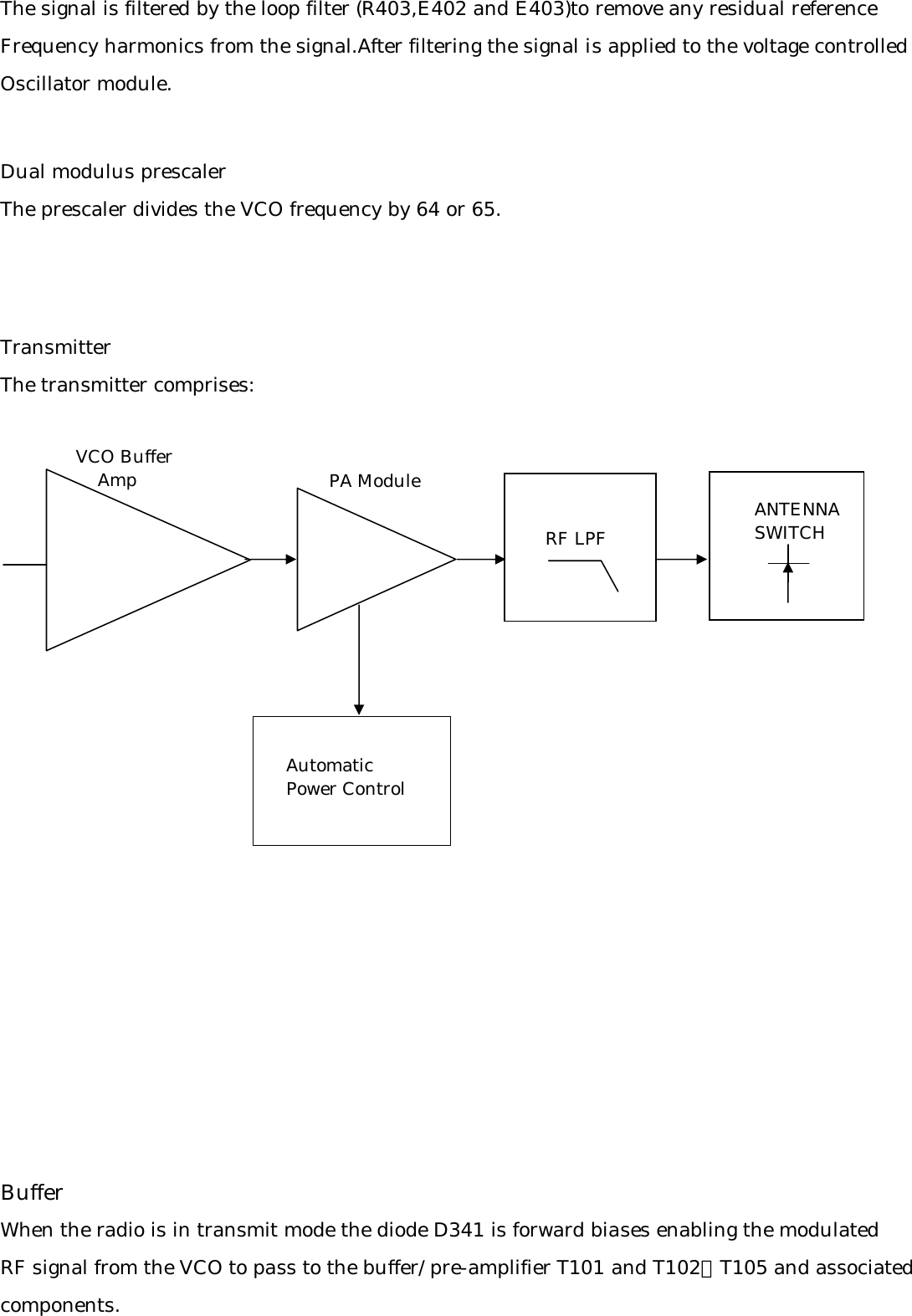 The signal is filtered by the loop filter (R403,E402 and E403)to remove any residual referenceFrequency harmonics from the signal.After filtering the signal is applied to the voltage controlledOscillator module.Dual modulus prescalerThe prescaler divides the VCO frequency by 64 or 65. TransmitterThe transmitter comprises:BufferWhen the radio is in transmit mode the diode D341 is forward biases enabling the modulatedRF signal from the VCO to pass to the buffer/pre-amplifier T101 and T102、T105 and associatedcomponents.VCO Buffer    Amp PA ModuleRF LPFANTENNASWITCHAutomaticPower Control