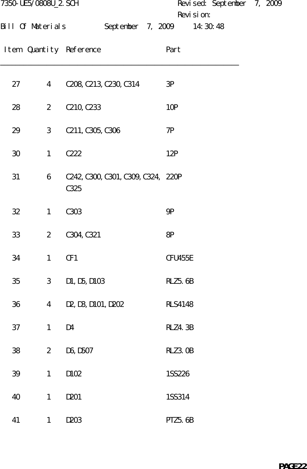 7350-UE5/0808U_2.SCH                          Revised: September  7, 2009                                              Revision:Bill Of Materials          September  7, 2009     14:30:48 Item  Quantity  Reference                 Part______________________________________________________________   27       4    C208,C213,C230,C314       3P   28       2    C210,C233                 10P   29       3    C211,C305,C306            7P   30       1    C222                      12P   31       6    C242,C300,C301,C309,C324, 220P                 C325   32       1    C303                      9P   33       2    C304,C321                 8P   34       1    CF1                       CFU455E   35       3    D1,D5,D103                RLZ5.6B   36       4    D2,D3,D101,D202           RLS4148   37       1    D4                        RLZ4.3B   38       2    D6,D507                   RLZ3.0B   39       1    D102                      1SS226   40       1    D201                      1SS314   41       1    D203                      PTZ5.6B                                                            PAGE22